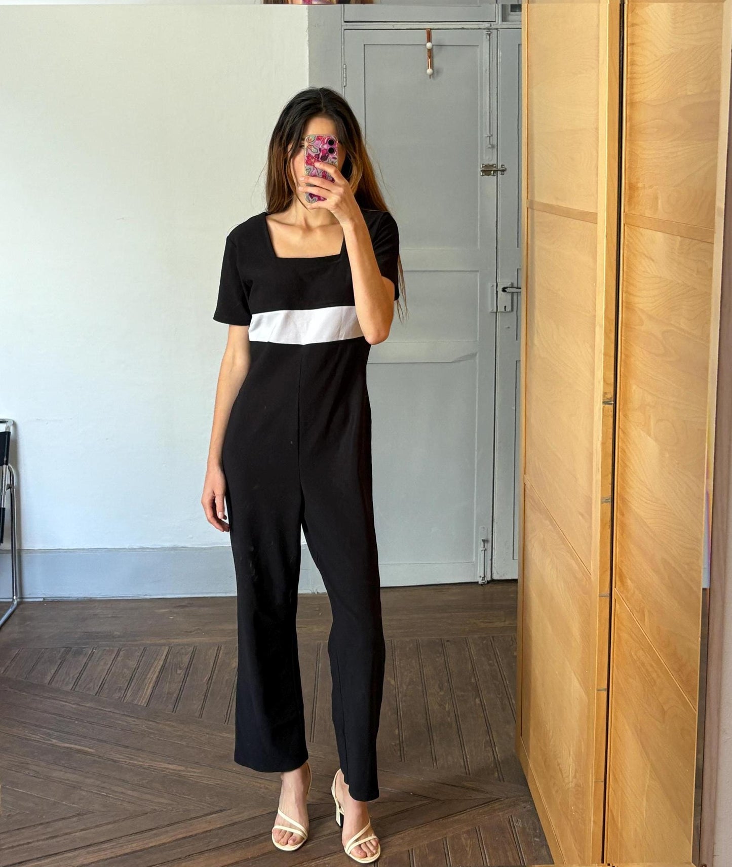 Vintage 80s black and white Jumpsuit by Apart Impressions, One of a kind Retro long pants jumpsuit, loose fit play outfit, Size 10