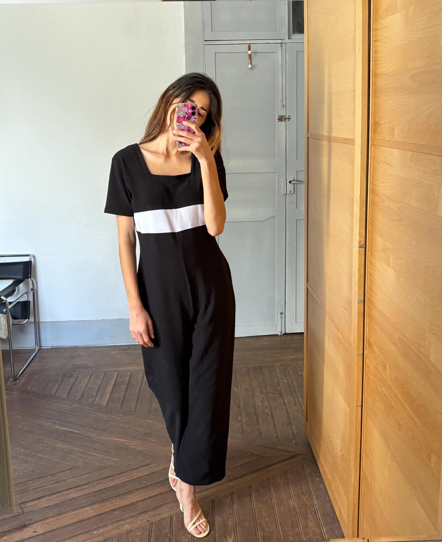 Vintage Black and White Jumpsuit — fabric close-up