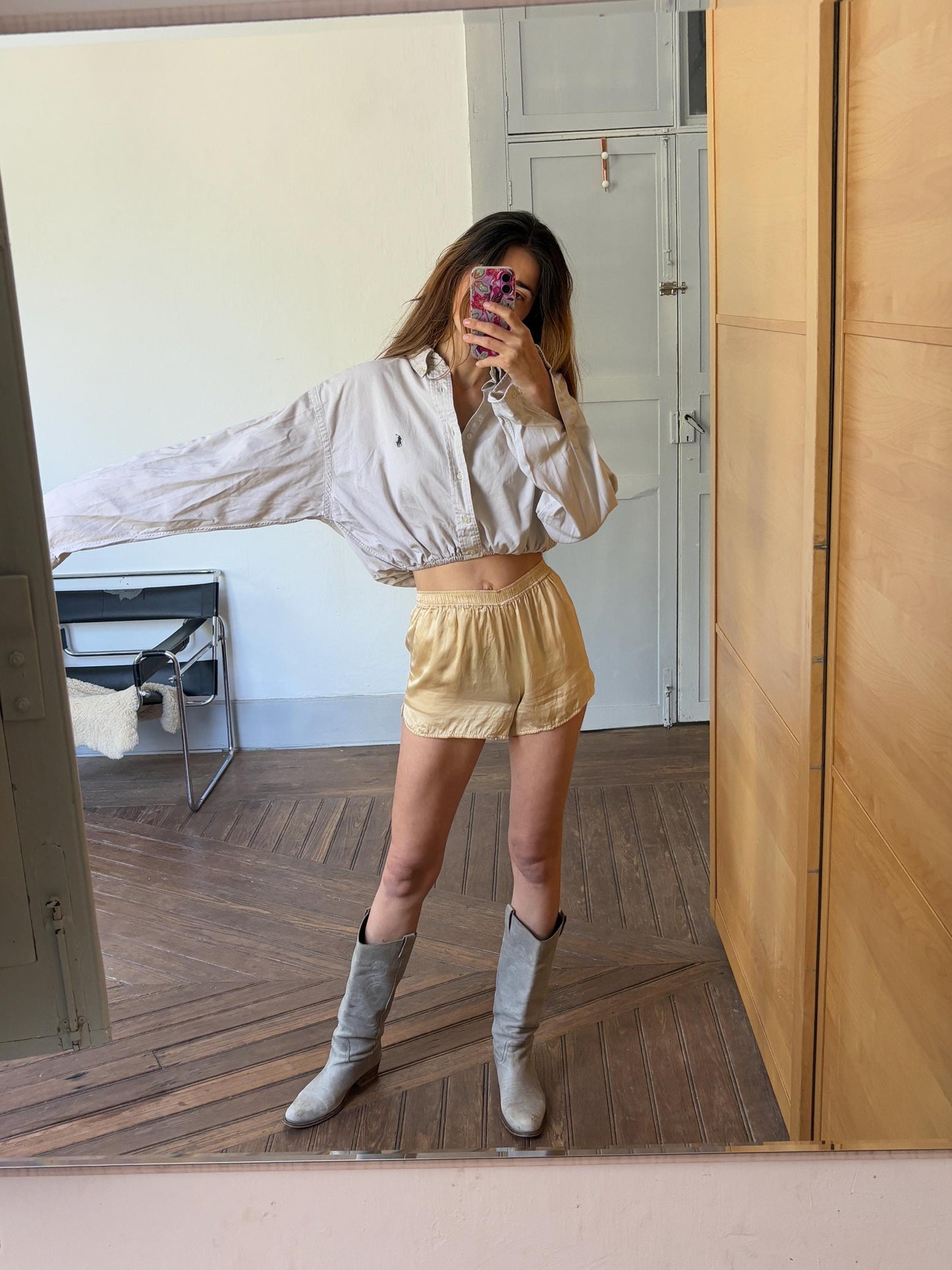 Vintage Reworked Ralph Lauren Button Down Shirt | Vintage High End Luxury Designer, Large natural neutral cropped woman shirt