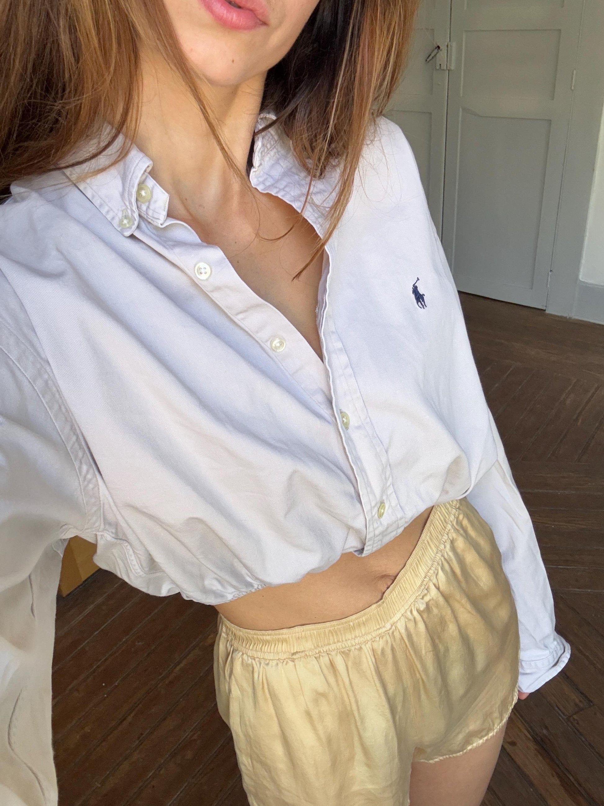 Vintage Reworked Ralph Lauren Button Down Shirt | Vintage High End Luxury Designer, Large natural neutral cropped woman shirt