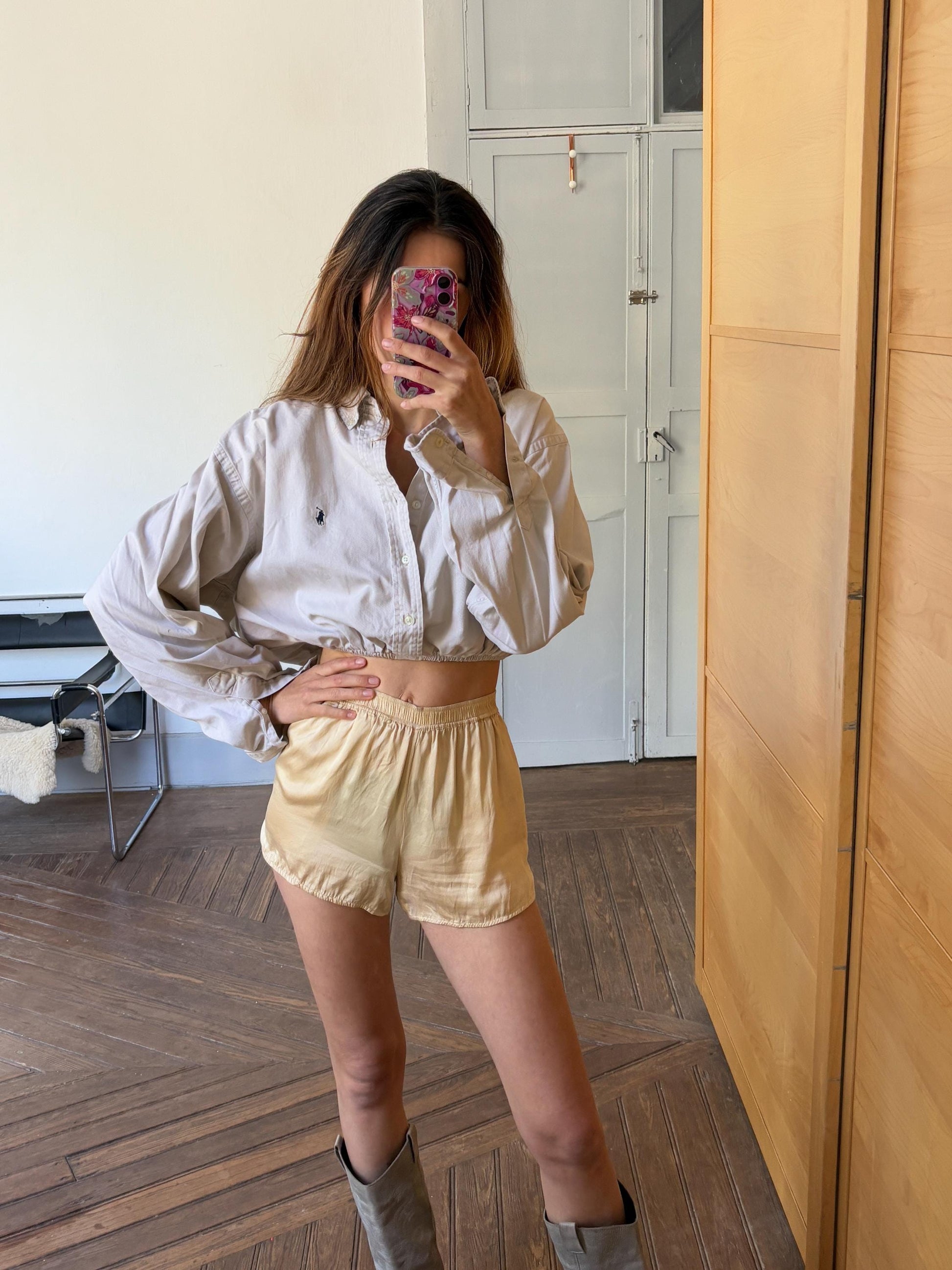 Vintage Reworked Ralph Lauren Button Down Shirt | Vintage High End Luxury Designer, Large natural neutral cropped woman shirt