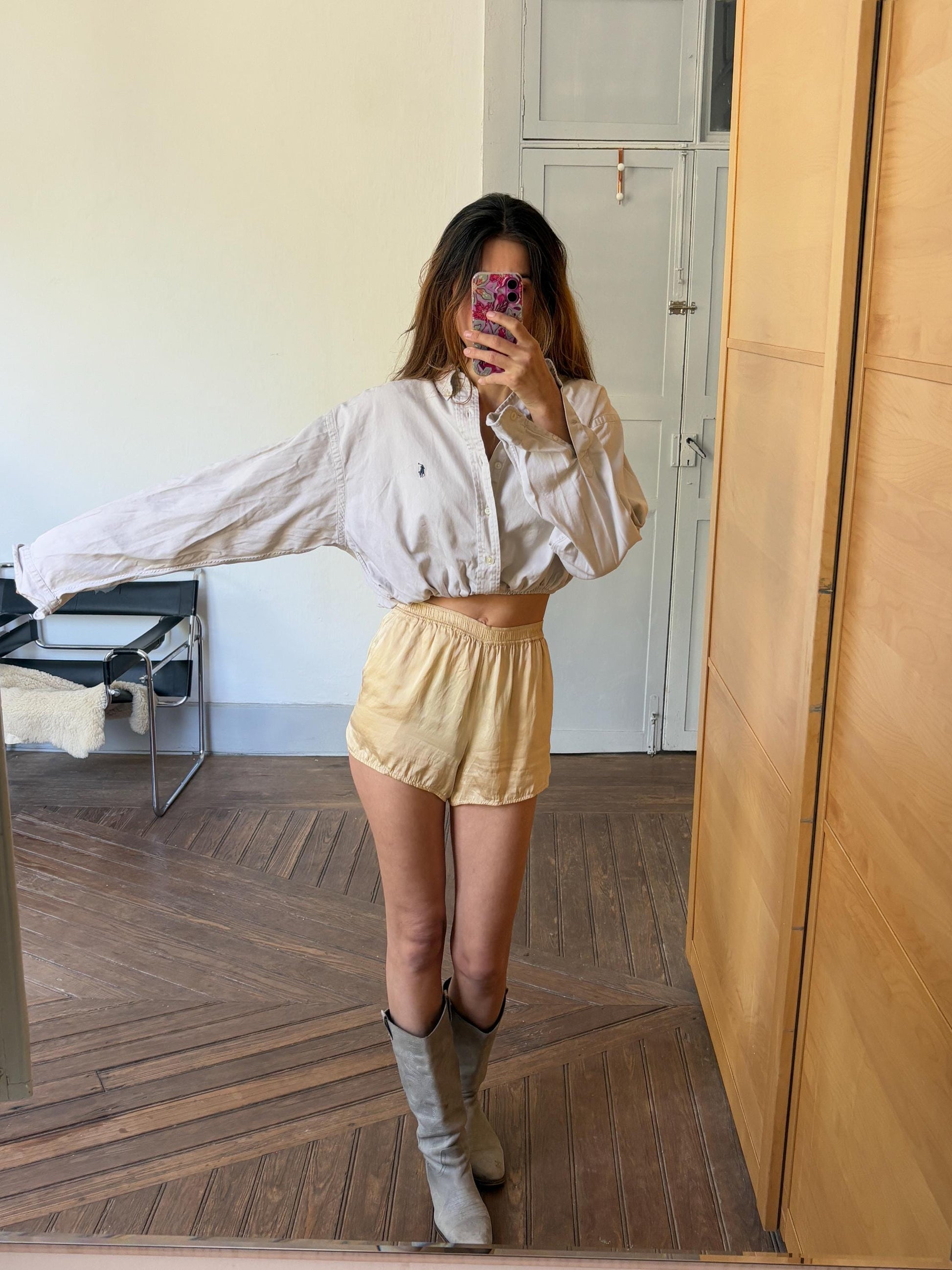 Vintage Reworked Ralph Lauren Button Down Shirt | Vintage High End Luxury Designer, Large natural neutral cropped woman shirt