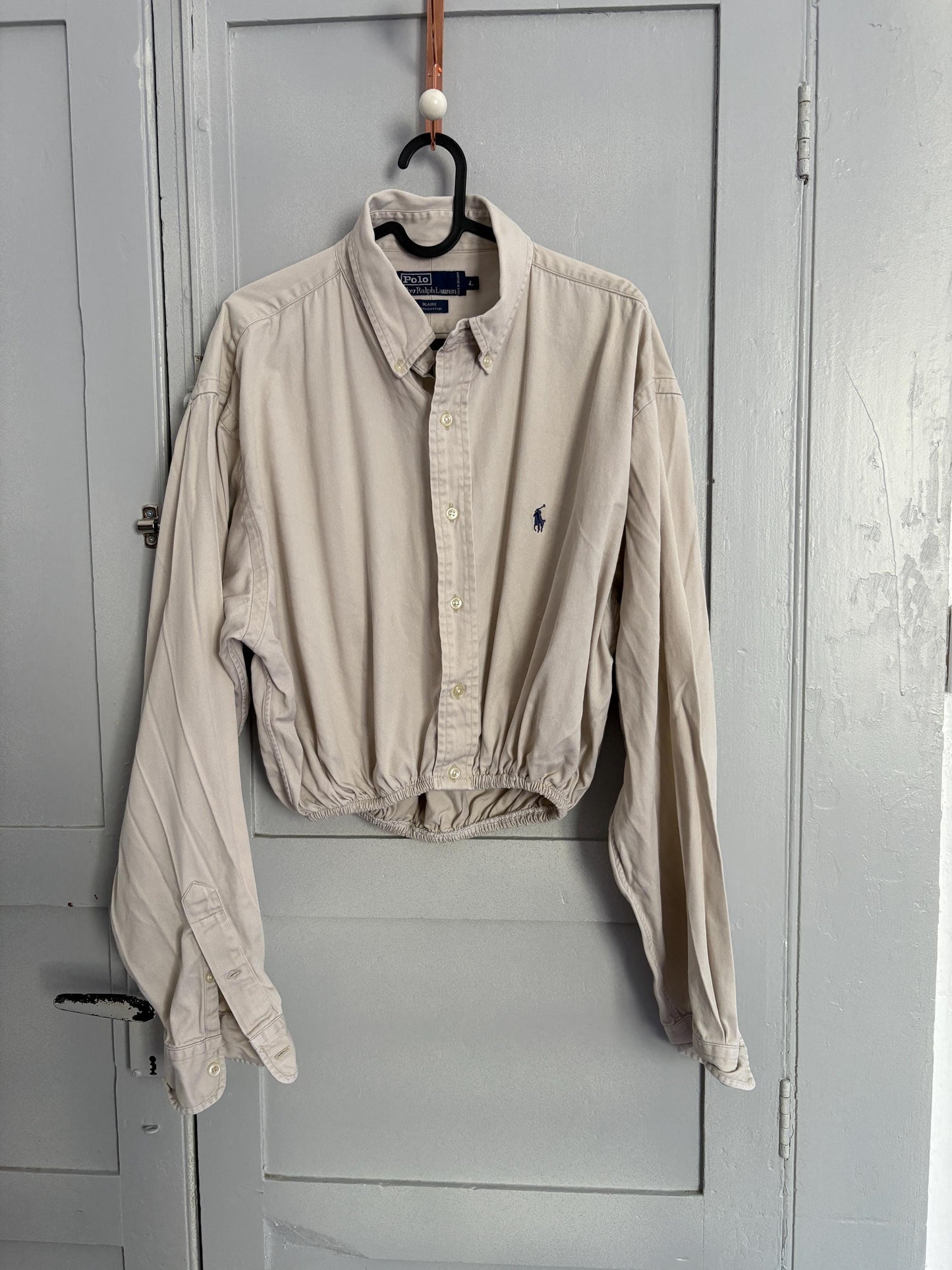 Vintage Reworked Ralph Lauren Button Down Shirt | Vintage High End Luxury Designer, Large natural neutral cropped woman shirt