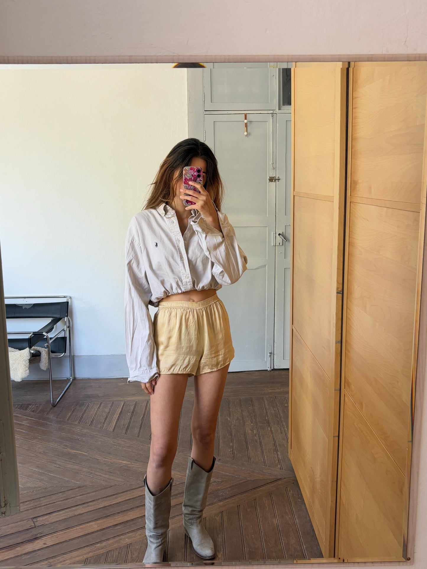 Vintage Reworked Ralph Lauren Button Down Shirt | Vintage High End Luxury Designer, Large natural neutral cropped woman shirt