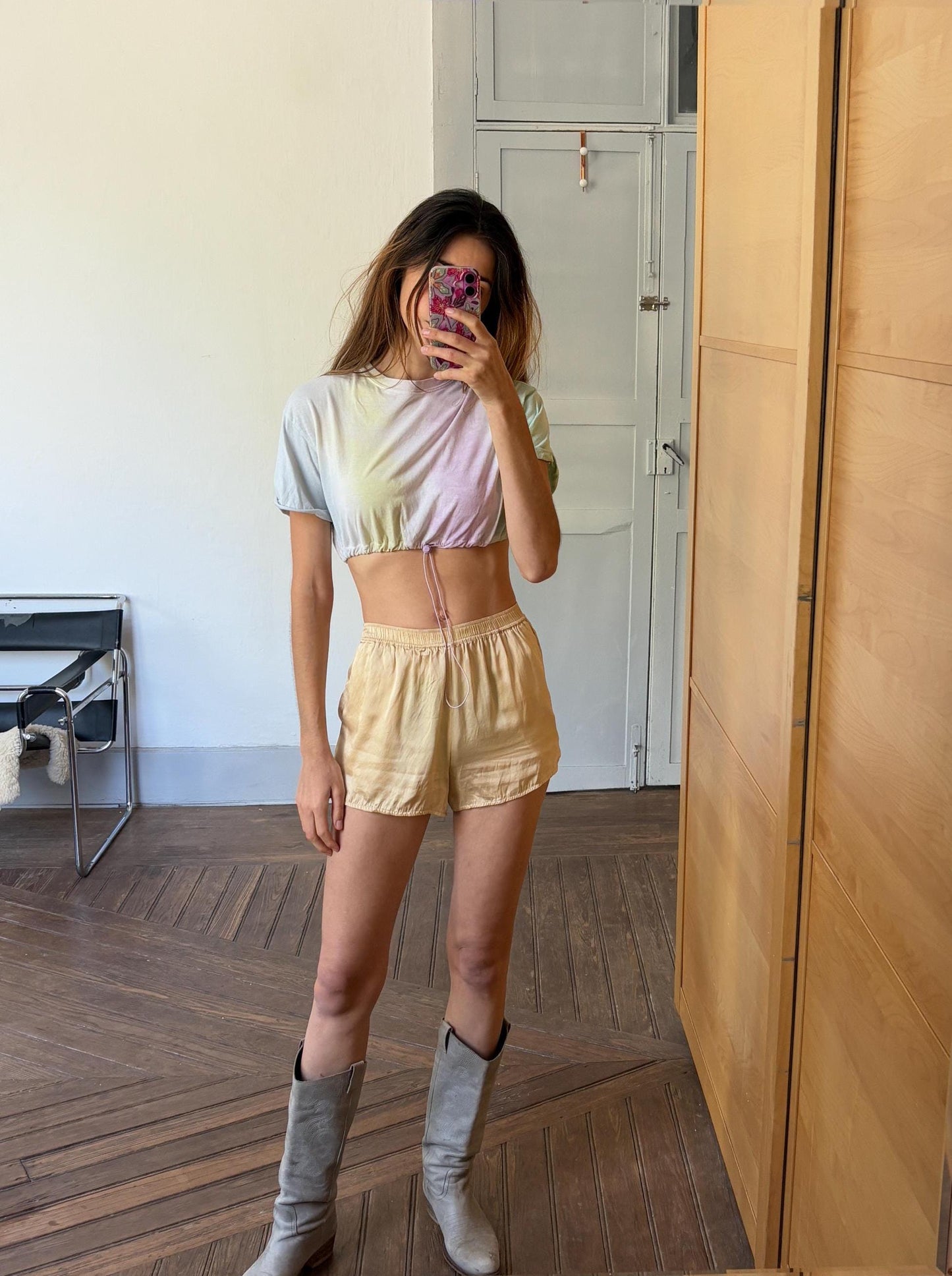 Vintage Pastel Tie-Dye Cropped T-Shirt with Drawstring Hem – Size S