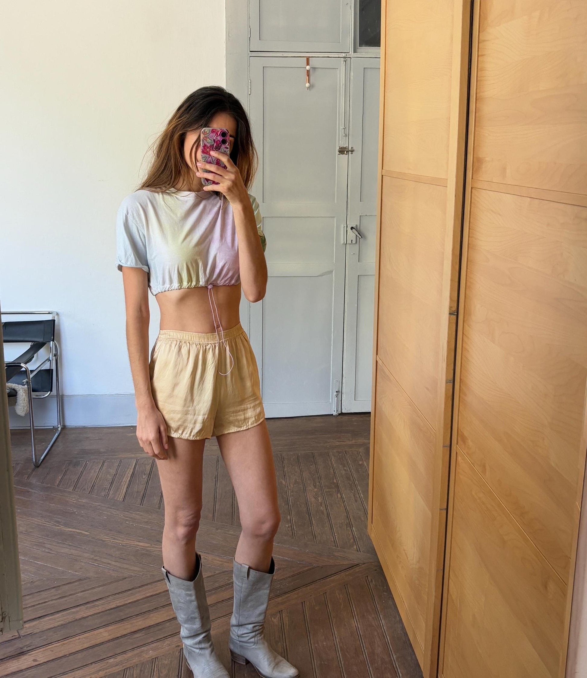 Vintage Pastel Tie-Dye Cropped T-Shirt with Drawstring Hem – Size S