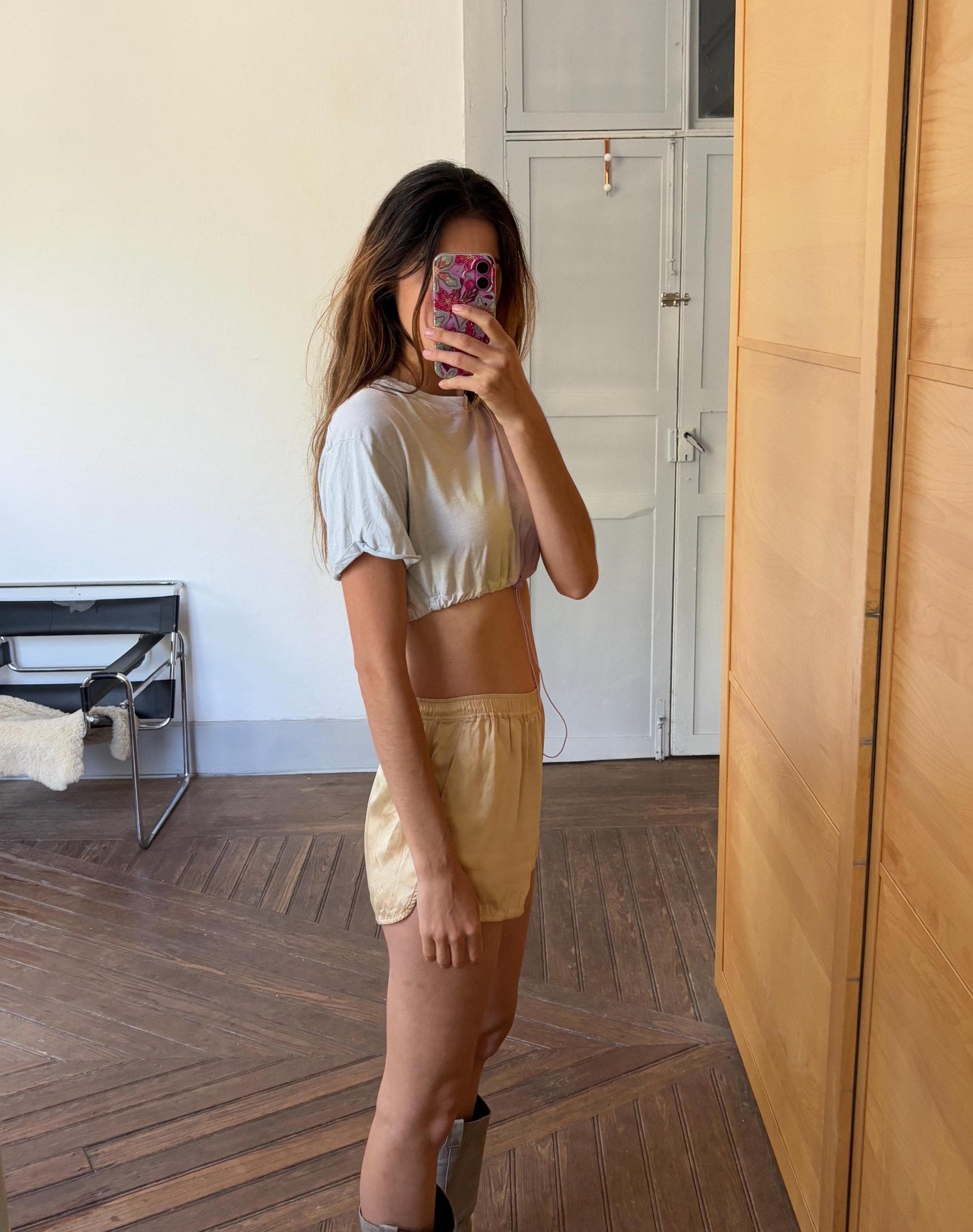 Vintage Pastel Tie-Dye Cropped T-Shirt with Drawstring Hem – Size S