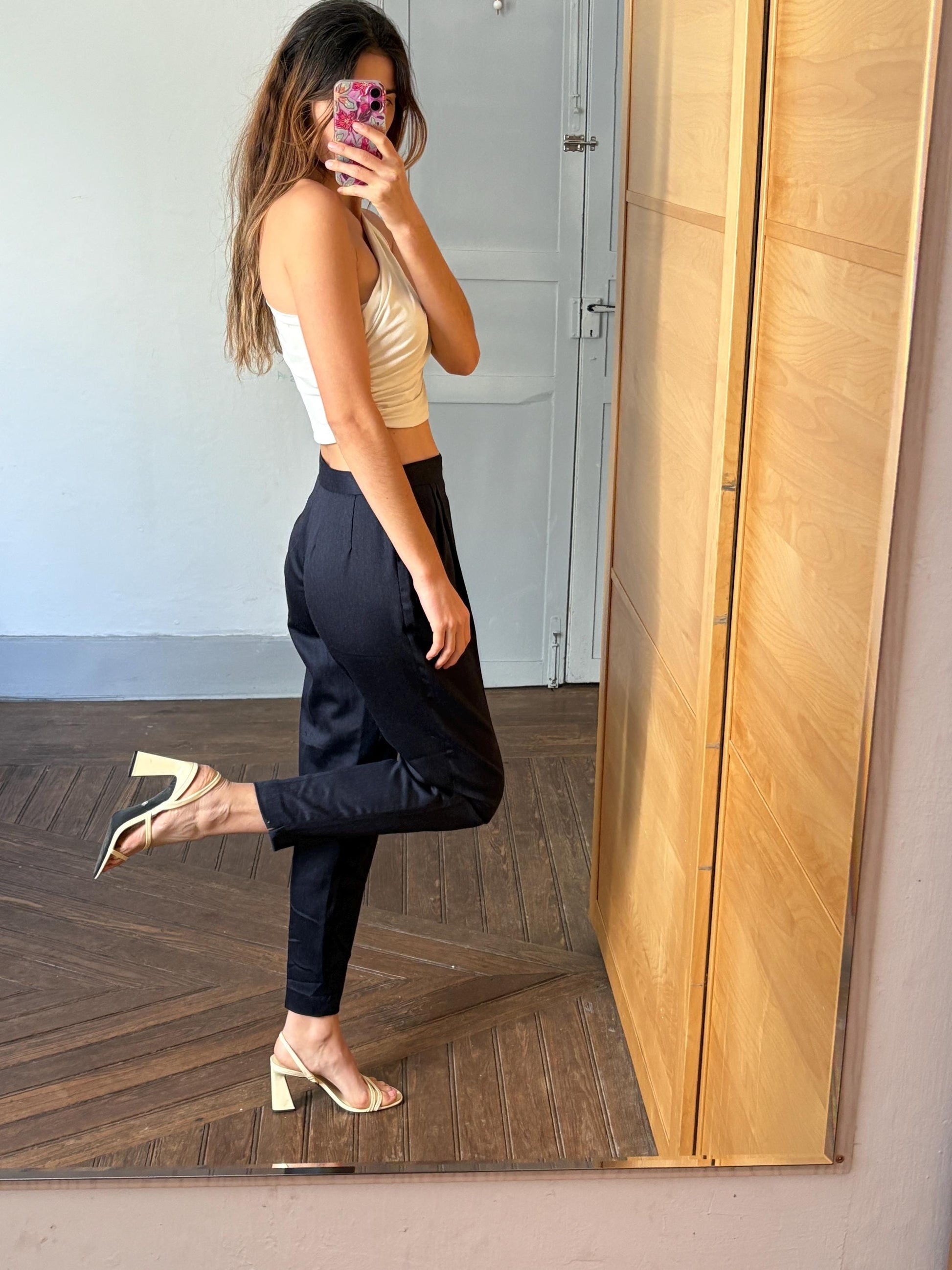 Vintage Luxury Italian designer pants, High waist pleated front wool long trousers, Armorica navy blue formal pants, M