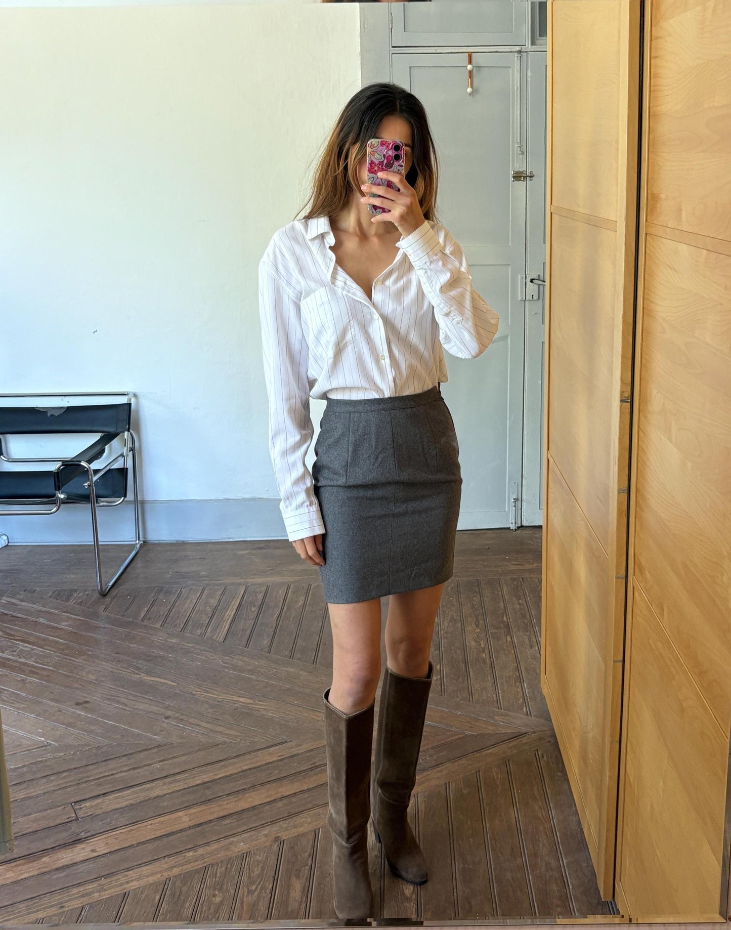 Vintage Dark Grey Wool Mini Skirt – High Waist Preppy Academia Aesthetic – Handmade Classic Plaid Schoolgirl Style – Size S