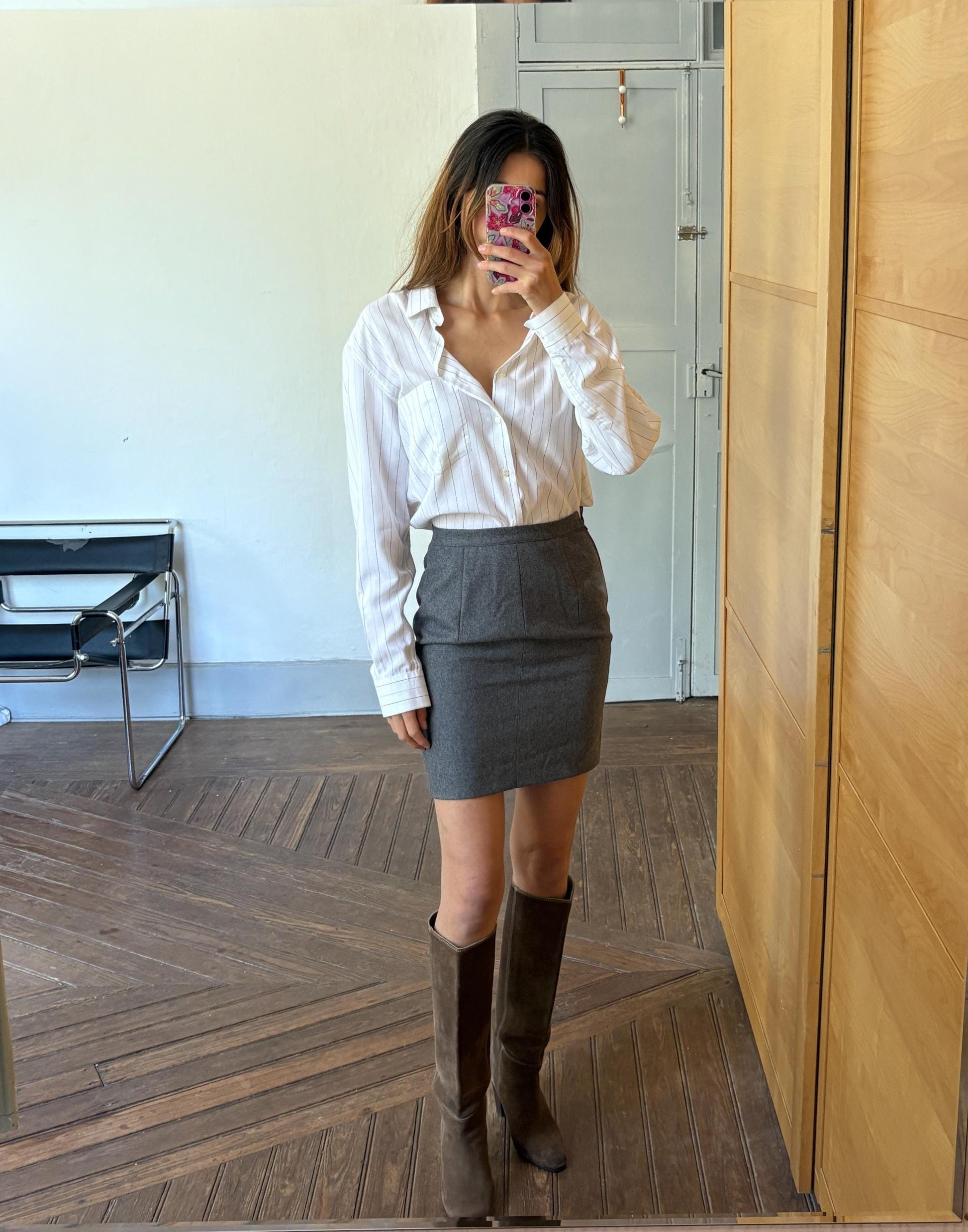 Vintage Dark Grey Wool Mini Skirt – High Waist Preppy Academia Aesthetic – Handmade Classic Plaid Schoolgirl Style – Size S