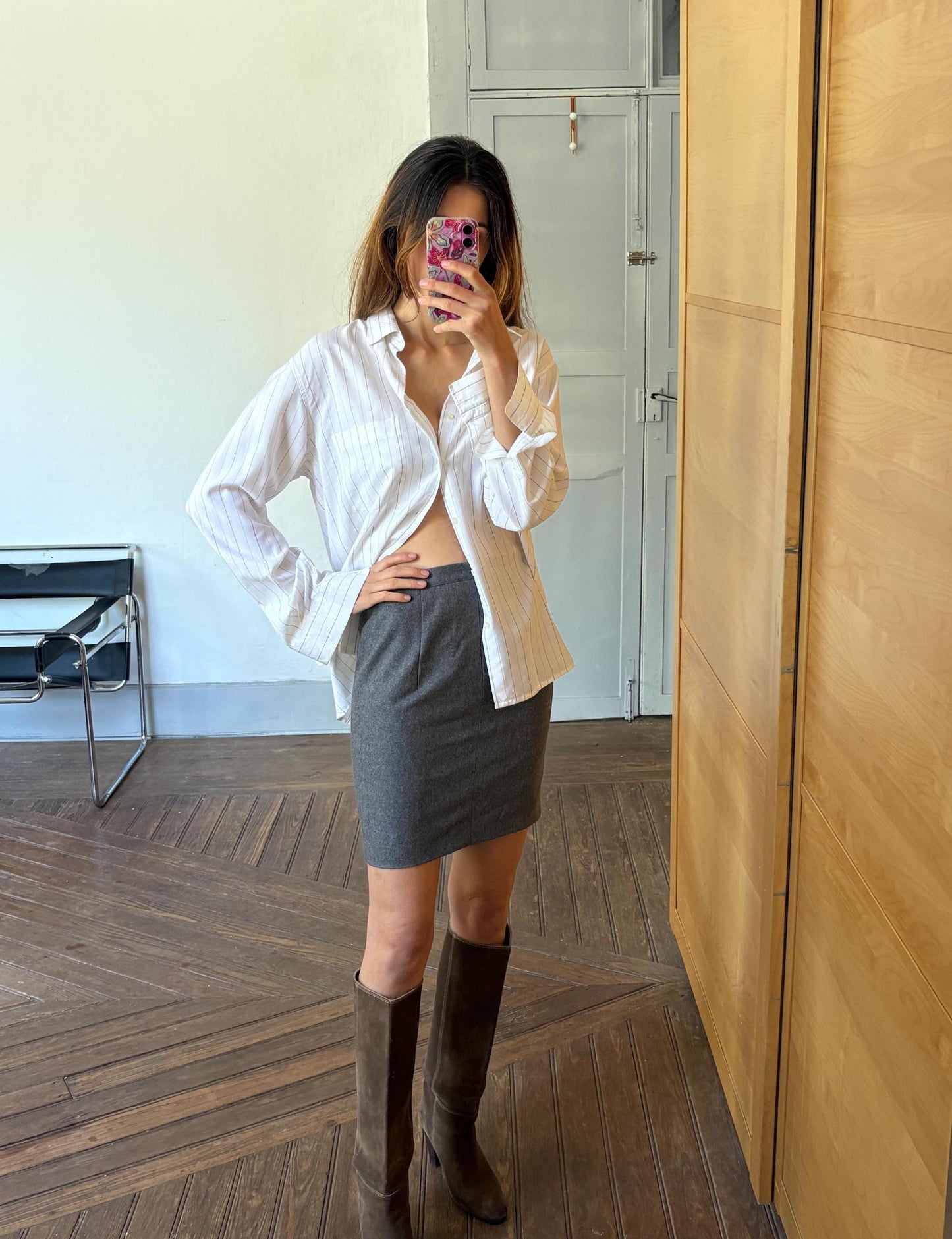 Vintage Dark Grey Wool Mini Skirt – High Waist Preppy Academia Aesthetic – Handmade Classic Plaid Schoolgirl Style – Size S