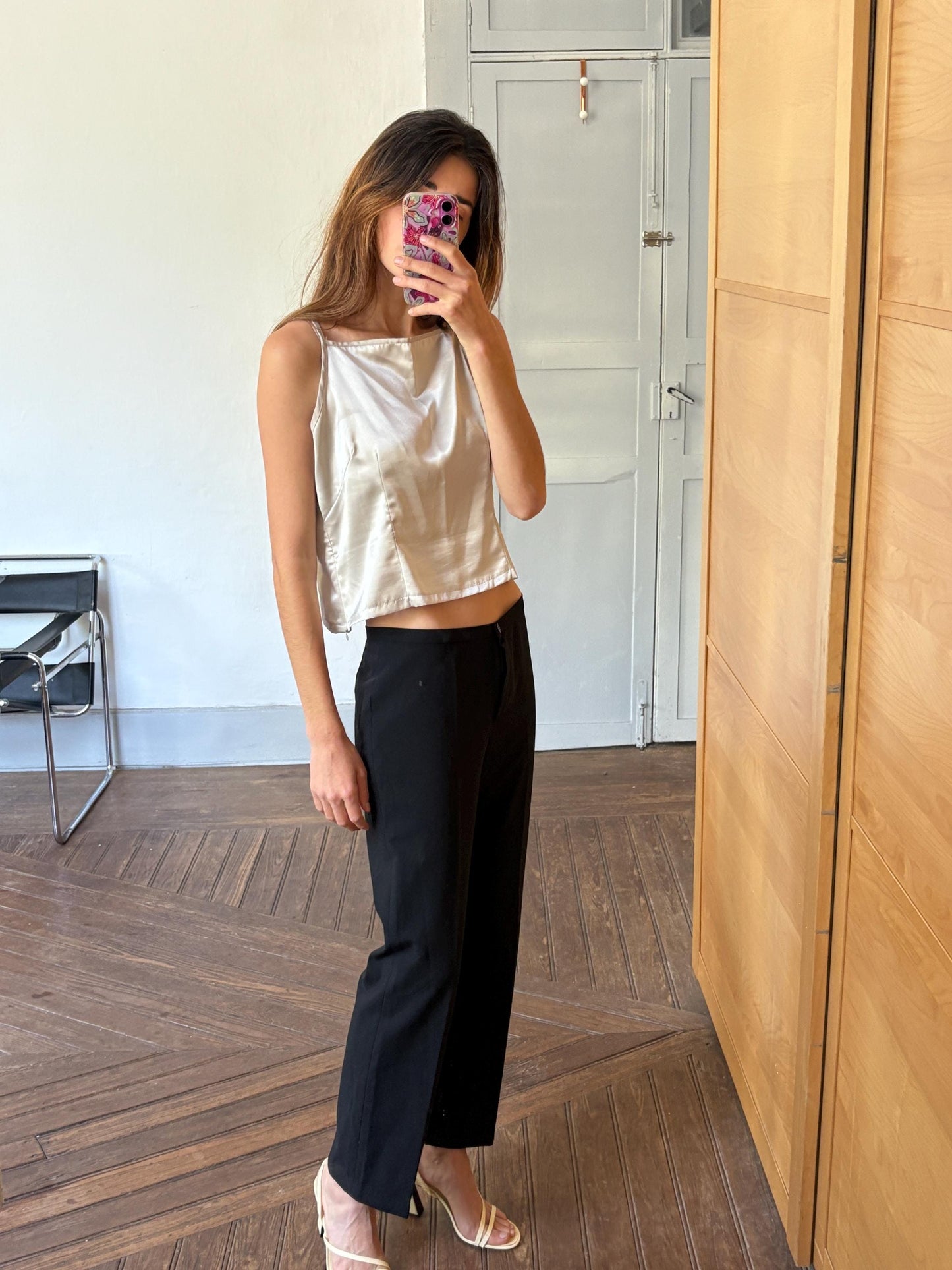 Vintage Fhertton Barcelona Satin Camisole – Designer Luxury Spanish Label – Champagne Gold Slip Top – Size L