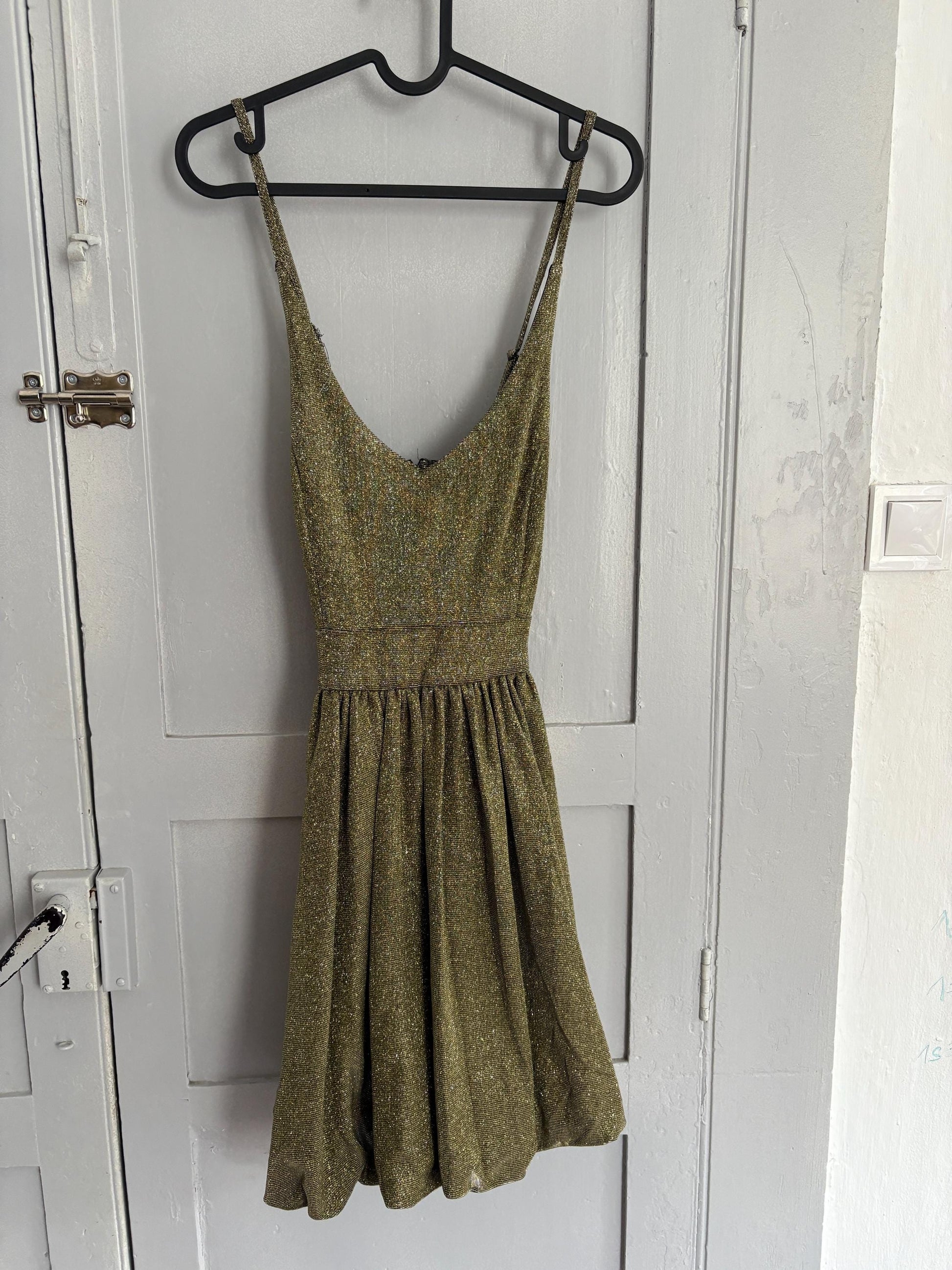 Vintage Gold Glitter Party Dress | Y2K Metallic Bubble Hem Mini | Size M