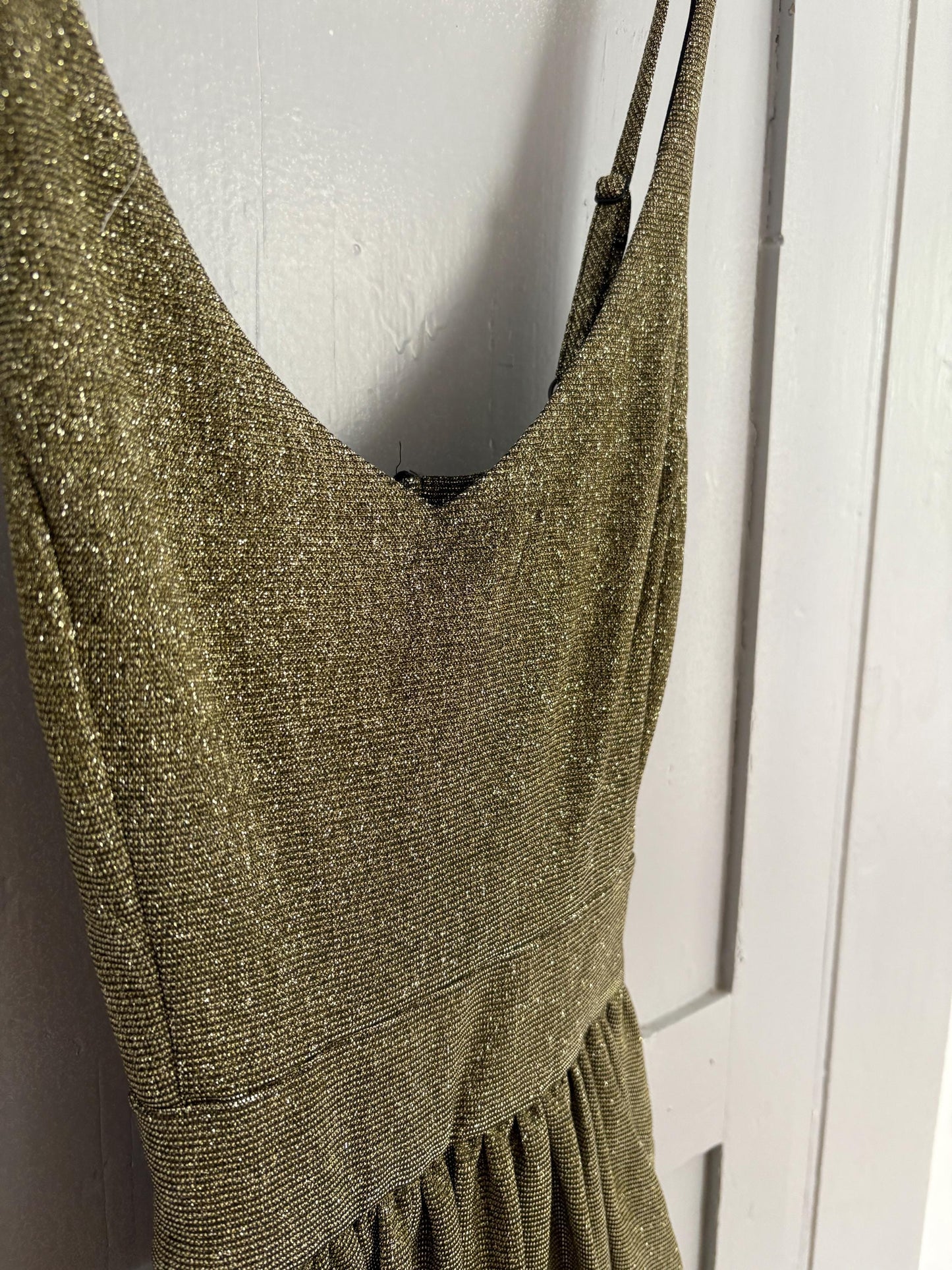Vintage Gold Glitter Party Dress | Y2K Metallic Bubble Hem Mini | Size M
