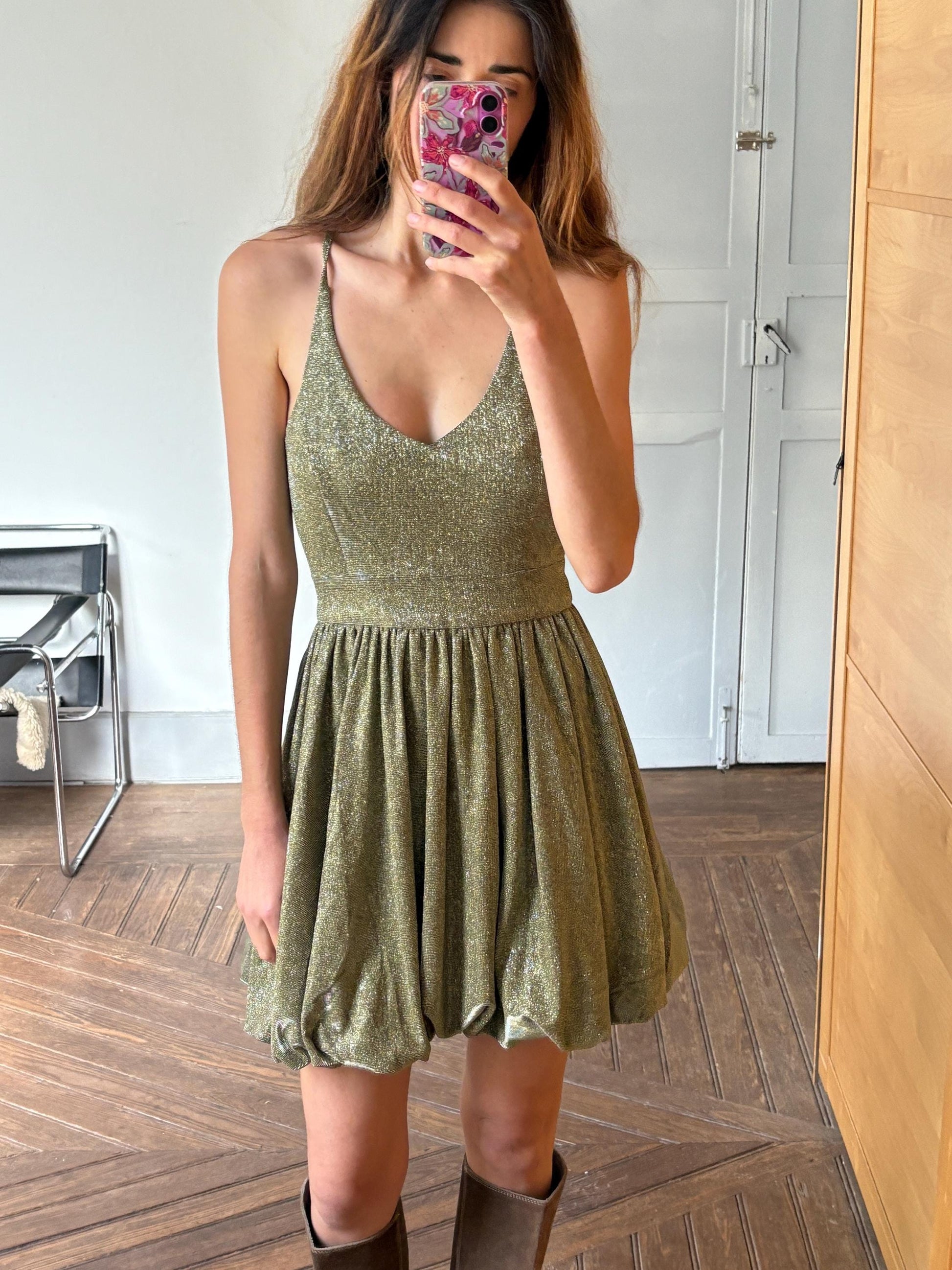 Vintage Gold Glitter Party Dress | Y2K Metallic Bubble Hem Mini | Size M