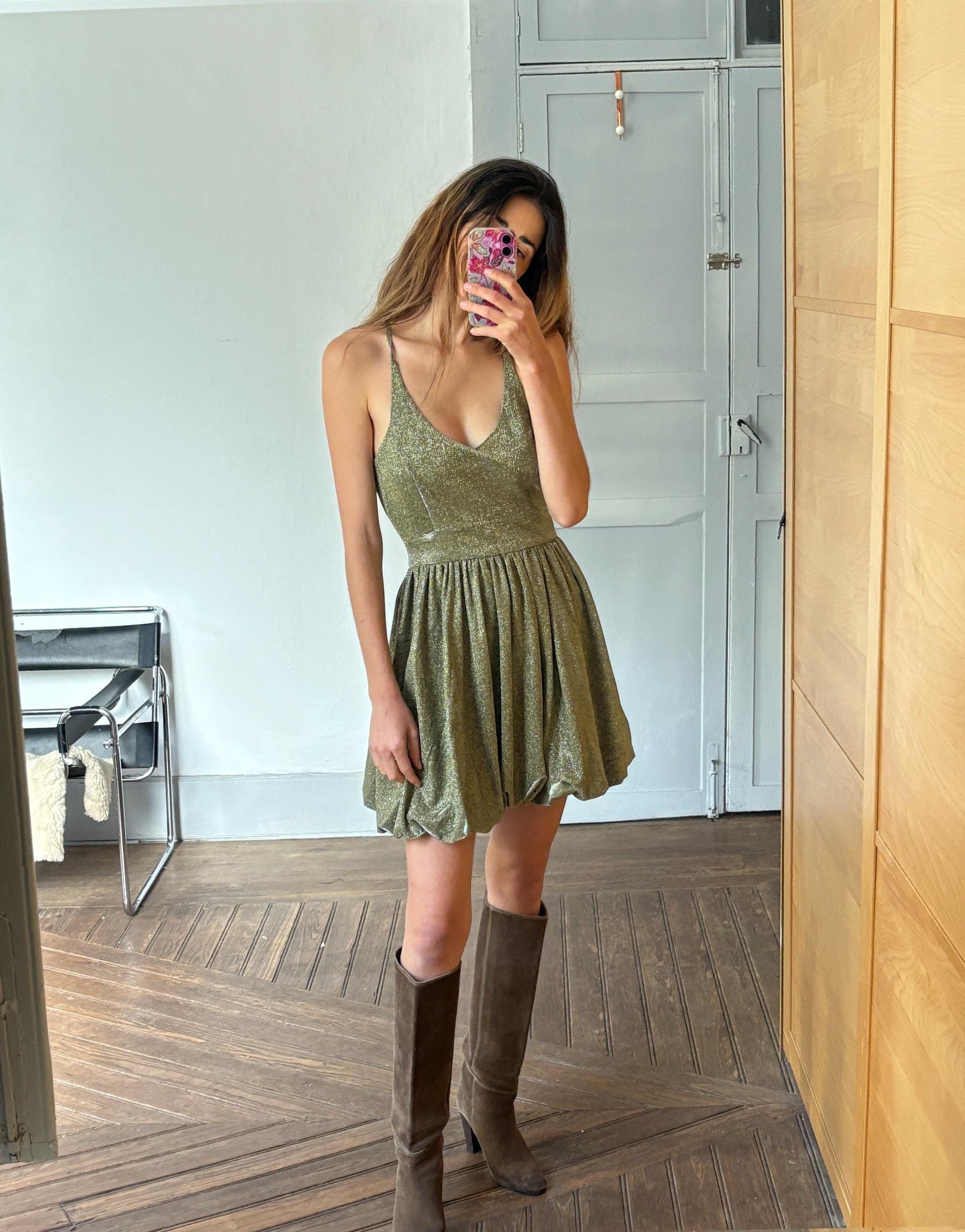 Vintage Gold Glitter Party Dress | Y2K Metallic Bubble Hem Mini | Size M