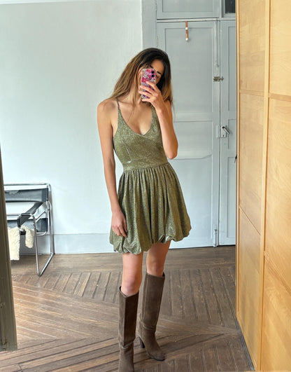 Vintage Gold Y2K Glitter Mini Dress — fabric close-up