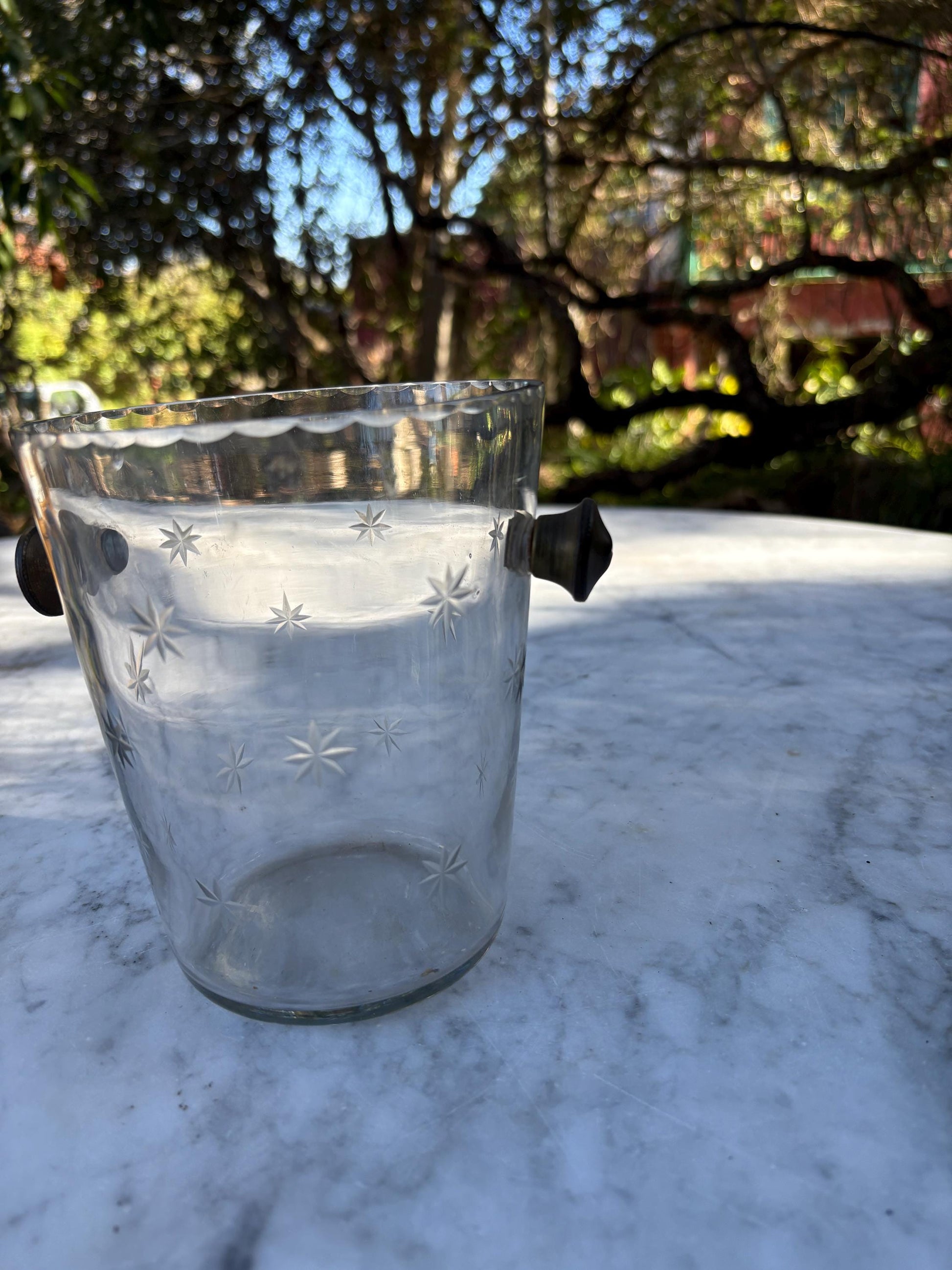 Vintage Glass Ice Bucket with Star Engraving, Mid Century Cocktail Ice Holder, Faceted Crystal Ice Pail with Side Handles, Barware Decor