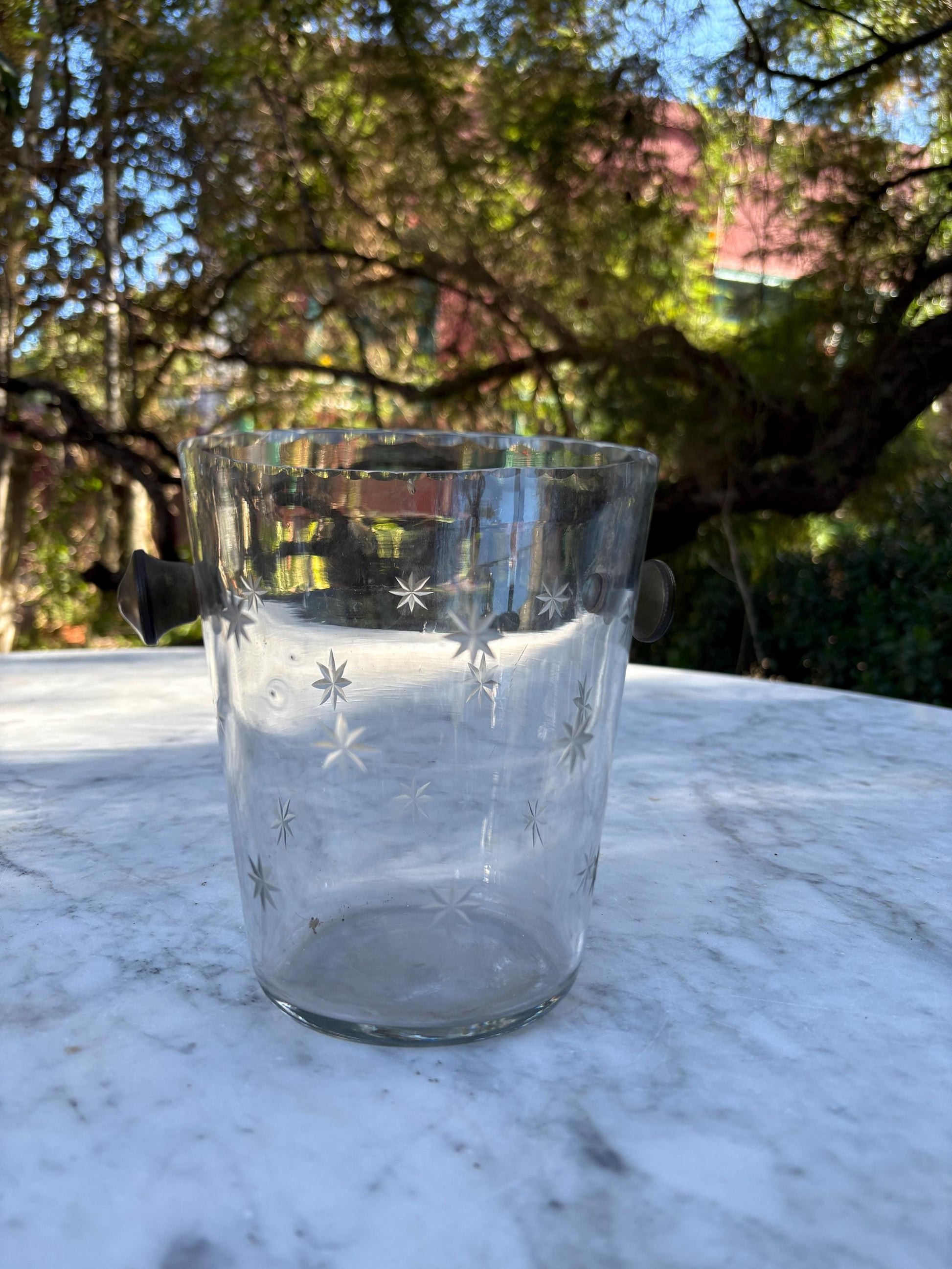 Vintage Glass Ice Bucket with Star Engraving, Mid Century Cocktail Ice Holder, Faceted Crystal Ice Pail with Side Handles, Barware Decor
