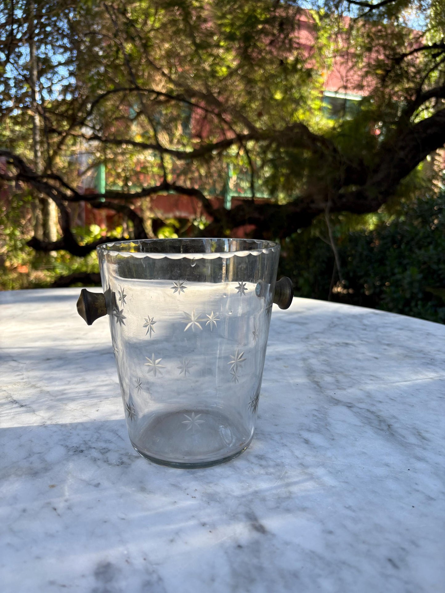 Vintage Glass Ice Bucket with Star Engraving, Mid Century Cocktail Ice Holder, Faceted Crystal Ice Pail with Side Handles, Barware Decor