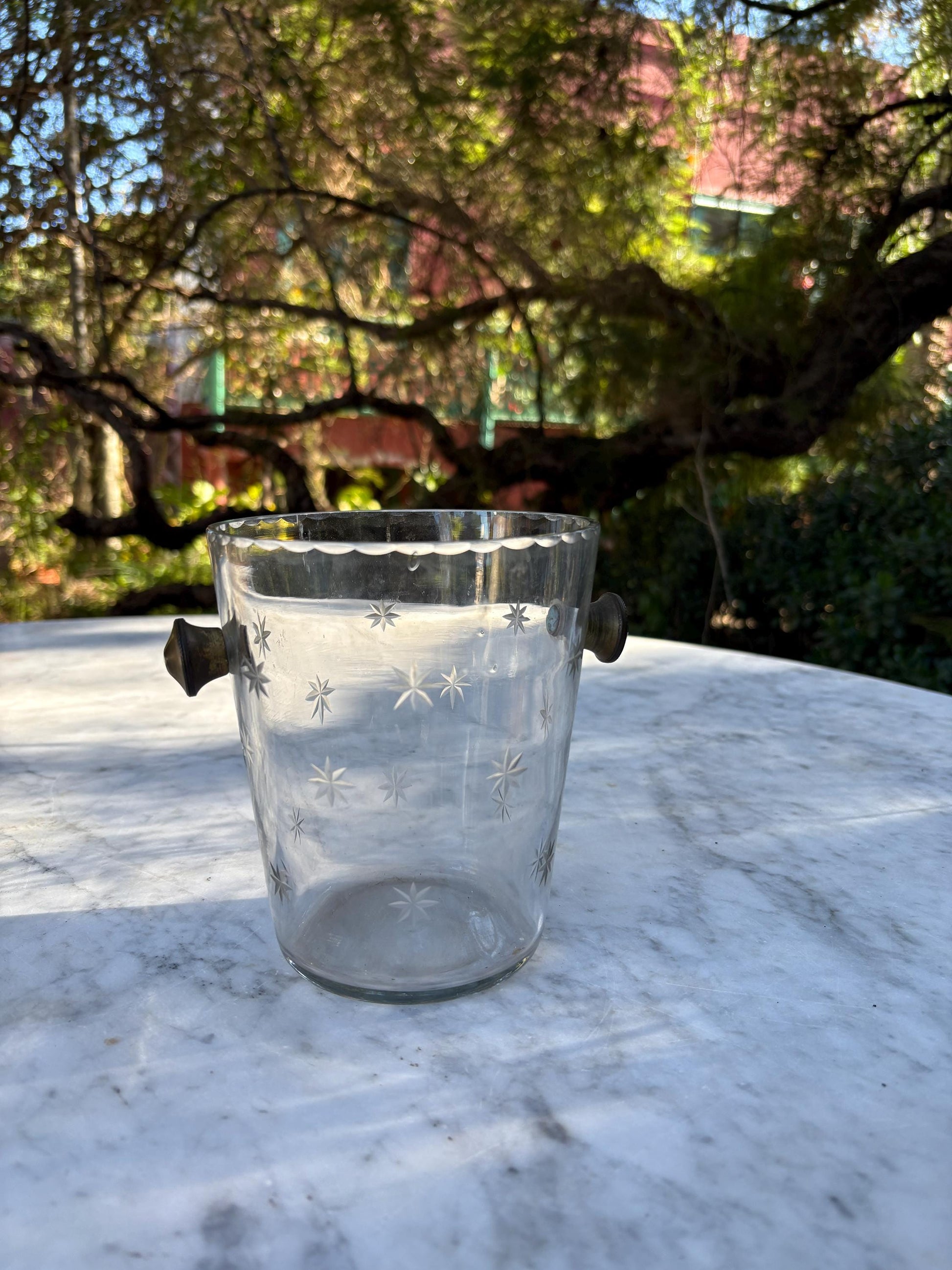 Vintage Glass Ice Bucket with Star Engraving, Mid Century Cocktail Ice Holder, Faceted Crystal Ice Pail with Side Handles, Barware Decor