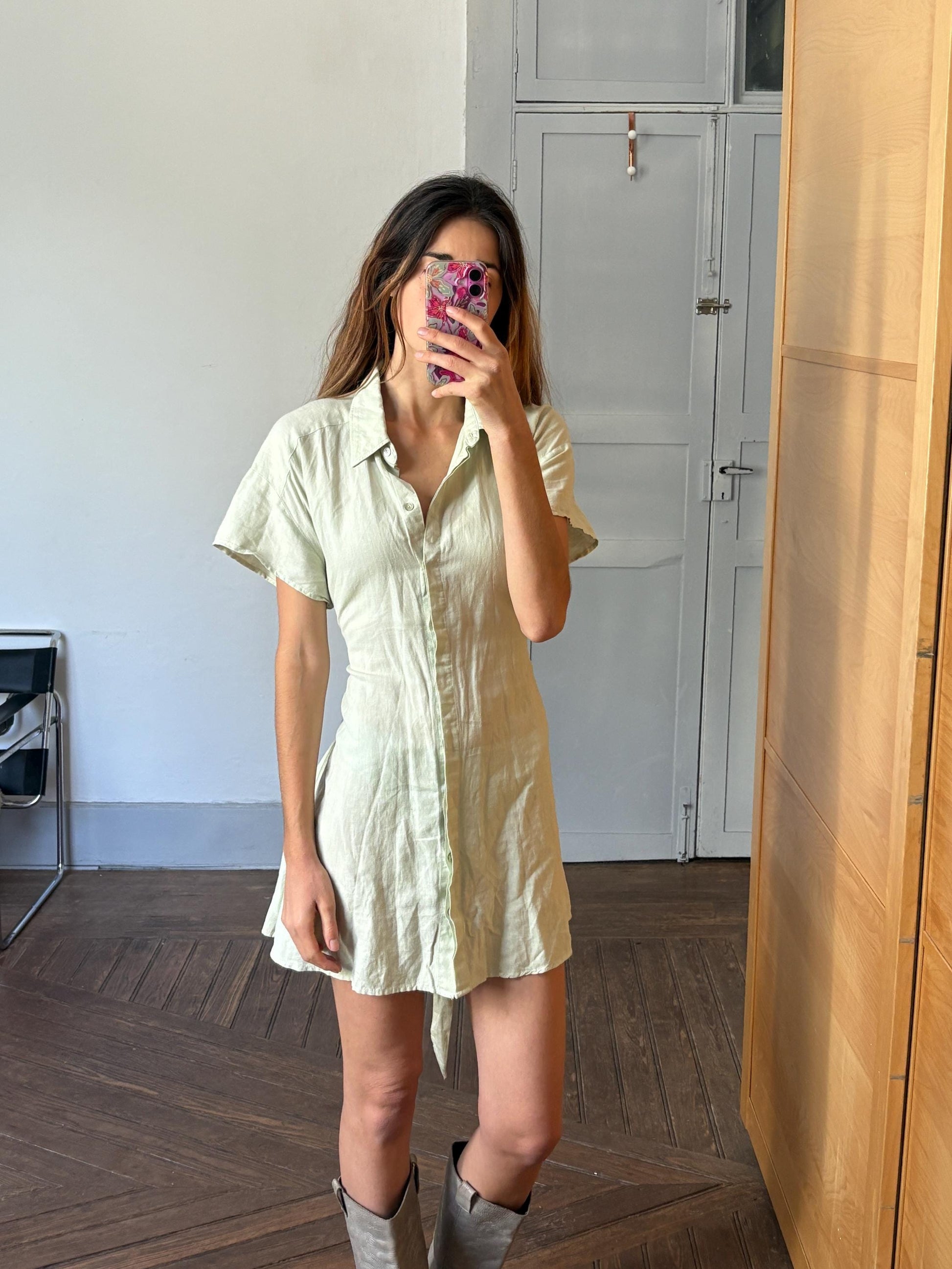 Vintage light green mini summer Dress, Soft Minimalist Style dress with mother of pearl buttons , Basic v neck collared shirt dress