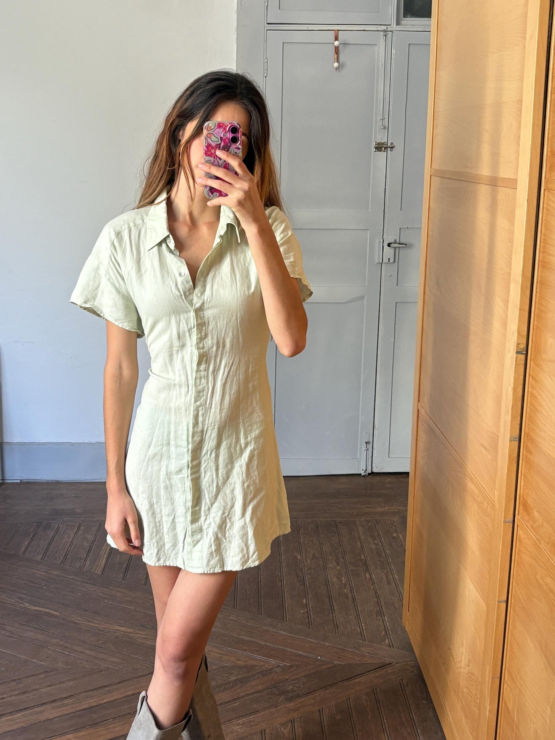 Vintage light green mini summer Dress, Soft Minimalist Style dress with mother of pearl buttons , Basic v neck collared shirt dress