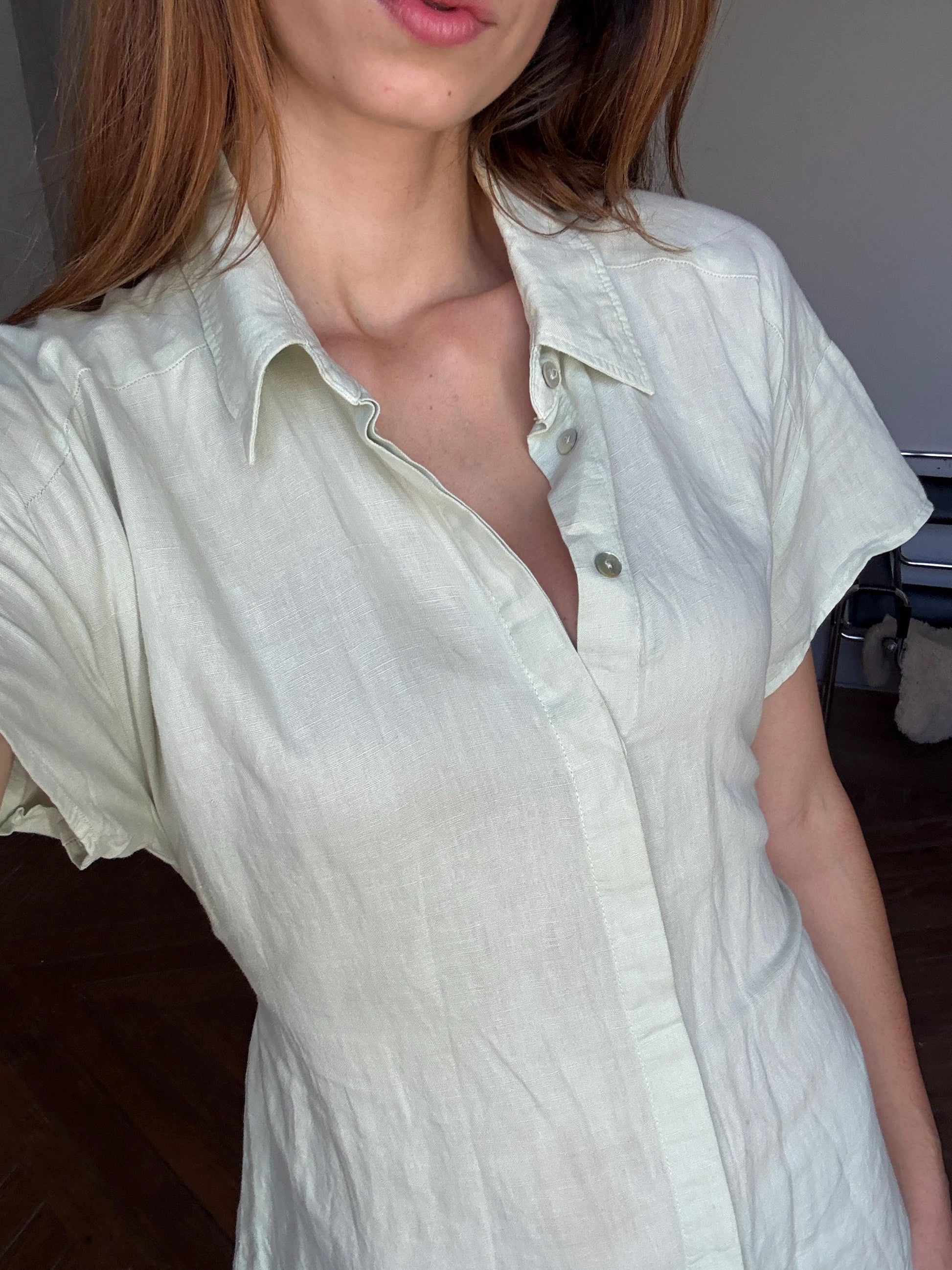 Vintage light green mini summer Dress, Soft Minimalist Style dress with mother of pearl buttons , Basic v neck collared shirt dress
