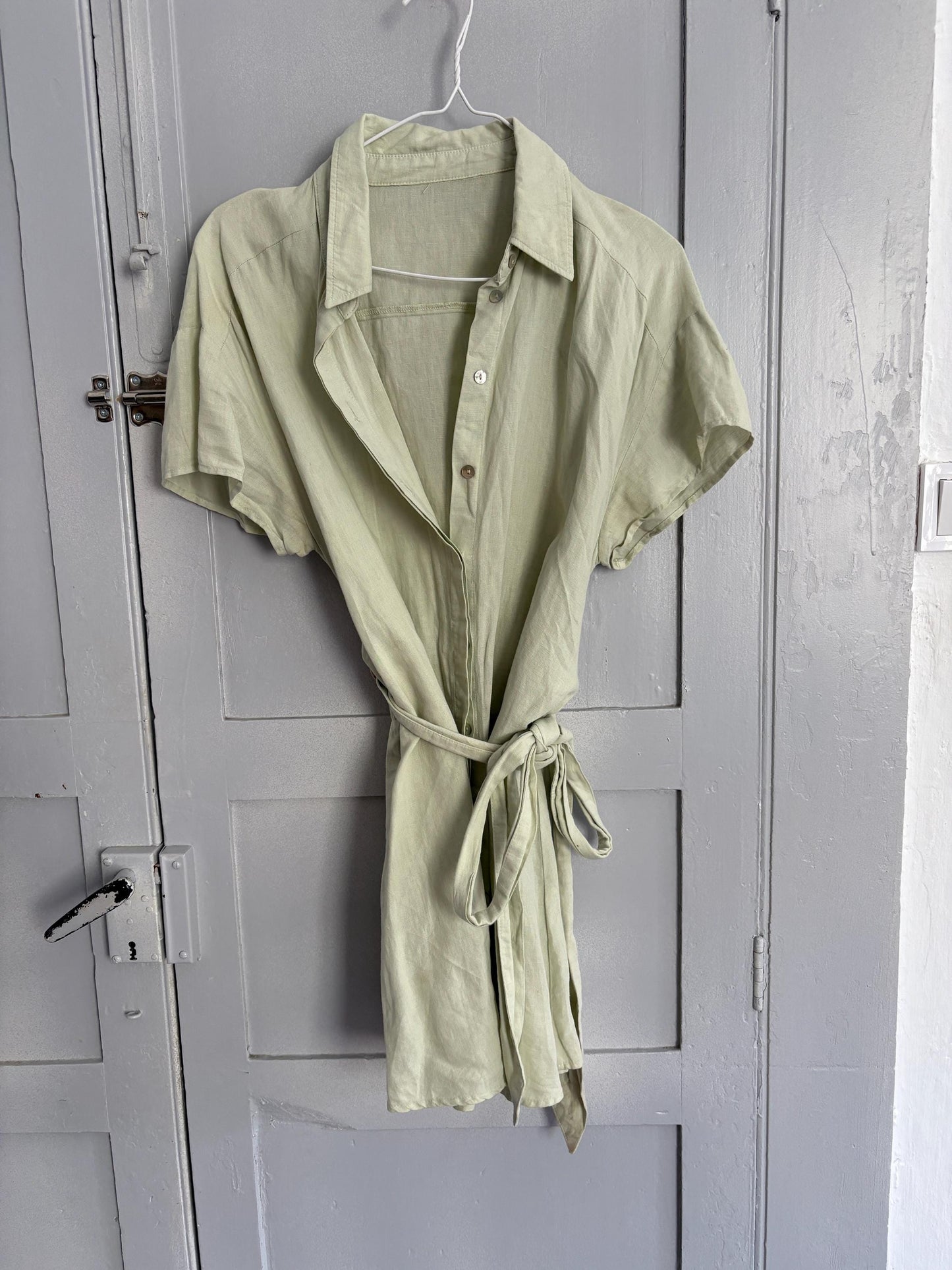 Vintage light green mini summer Dress, Soft Minimalist Style dress with mother of pearl buttons , Basic v neck collared shirt dress