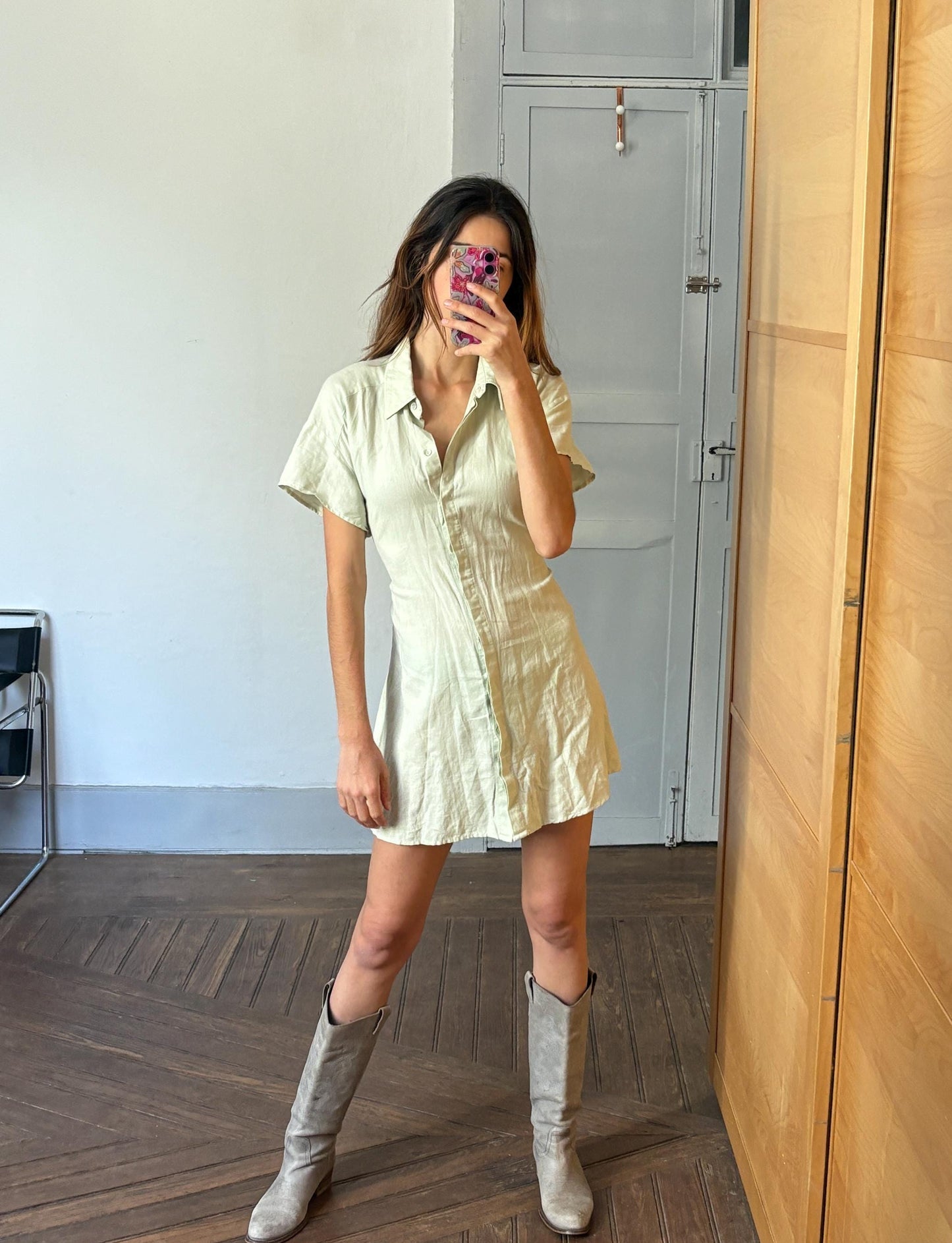 Vintage light green mini summer Dress, Soft Minimalist Style dress with mother of pearl buttons , Basic v neck collared shirt dress