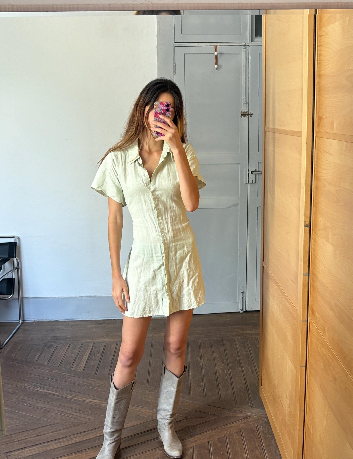 Vintage light green mini summer Dress, Soft Minimalist Style dress with mother of pearl buttons , Basic v neck collared shirt dress