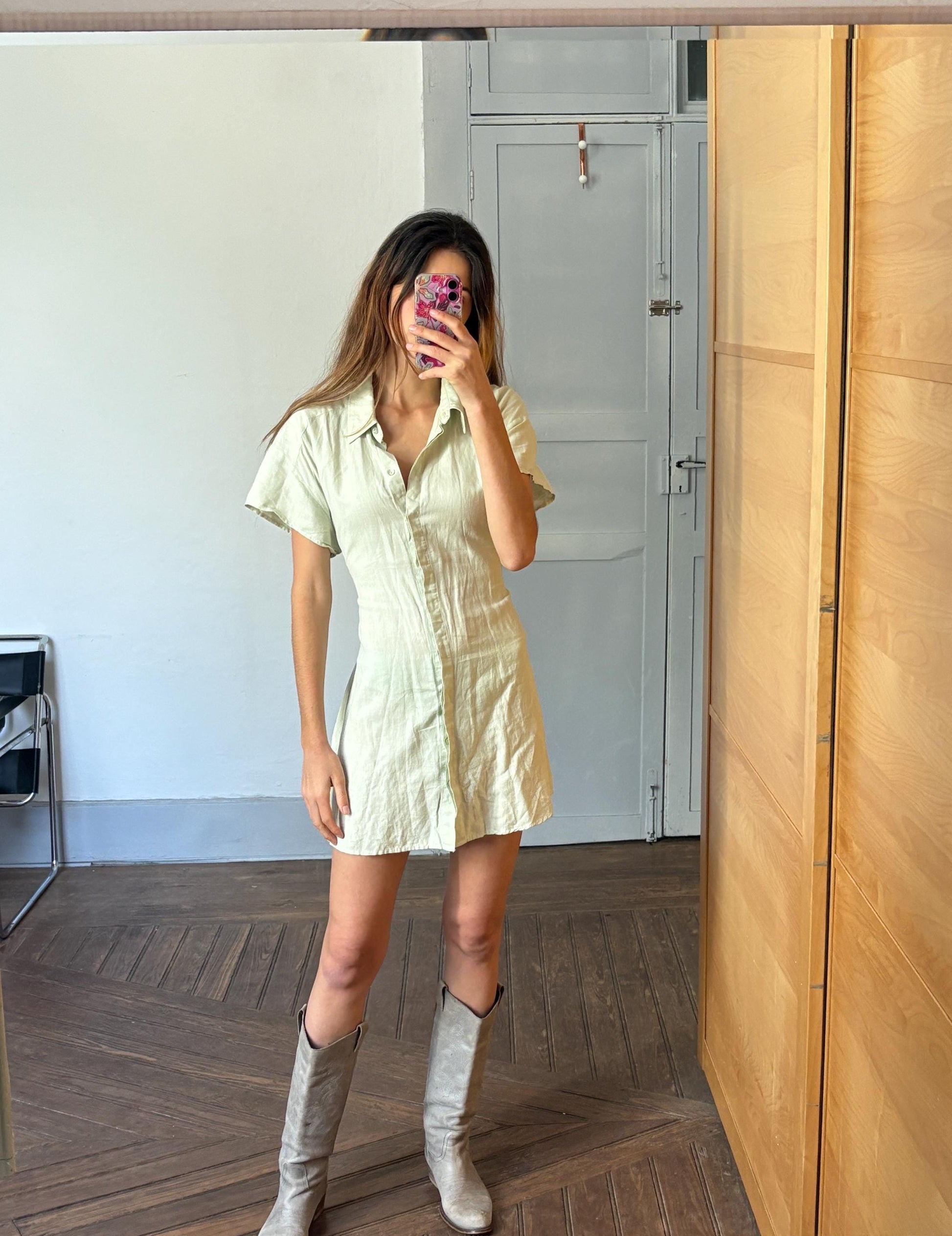 Vintage light green mini summer Dress, Soft Minimalist Style dress with mother of pearl buttons , Basic v neck collared shirt dress
