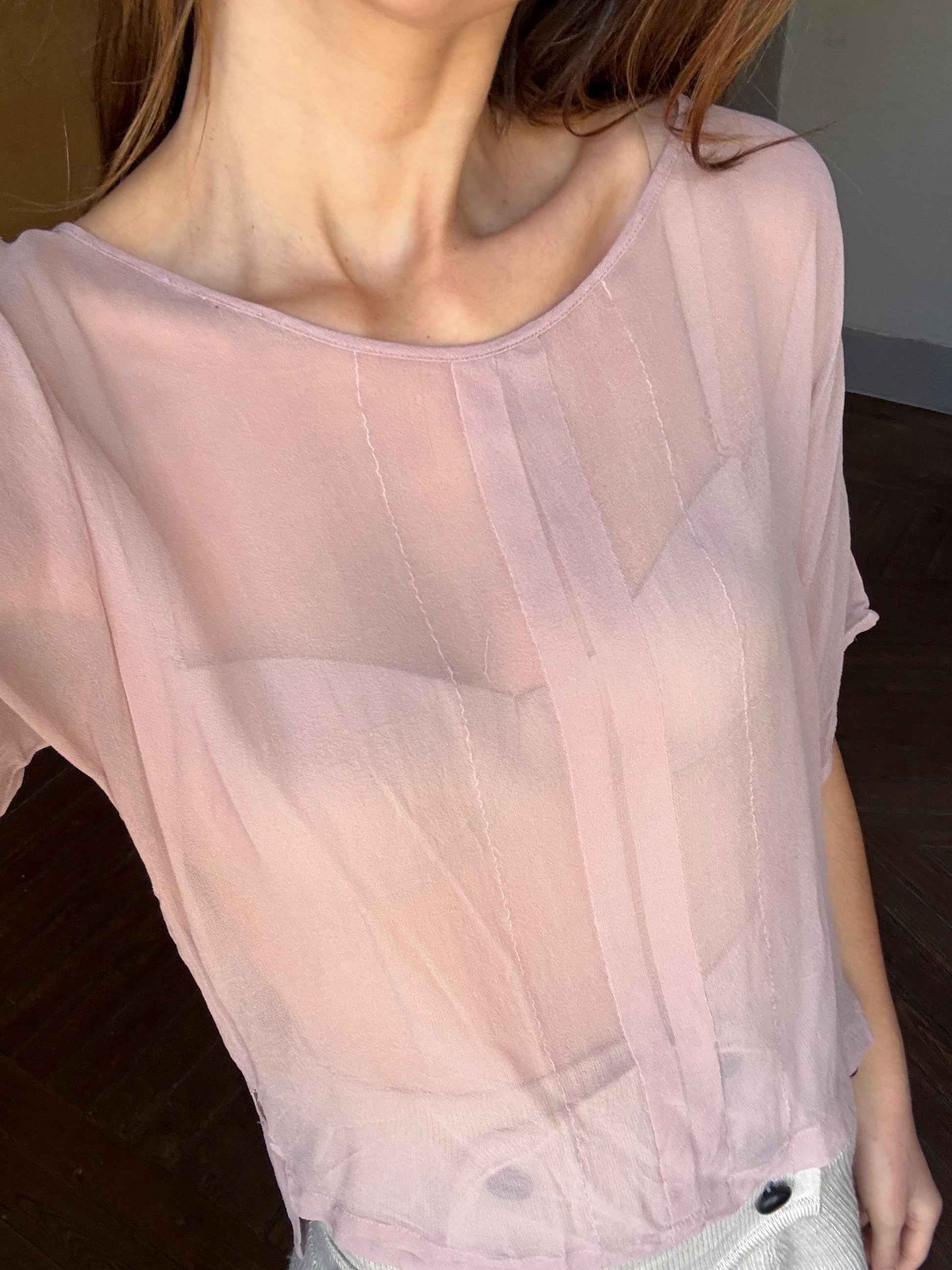 Vintage sheer powder pink woman shirt, Sexy see through camisole, Neutral natural colour t-shirt
