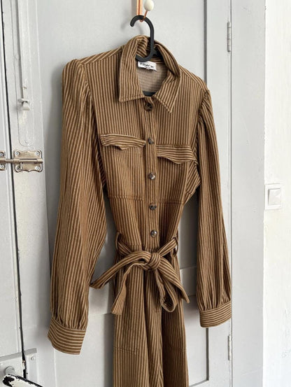 Vintage Brown Striped Jumpsuit for Women — detail