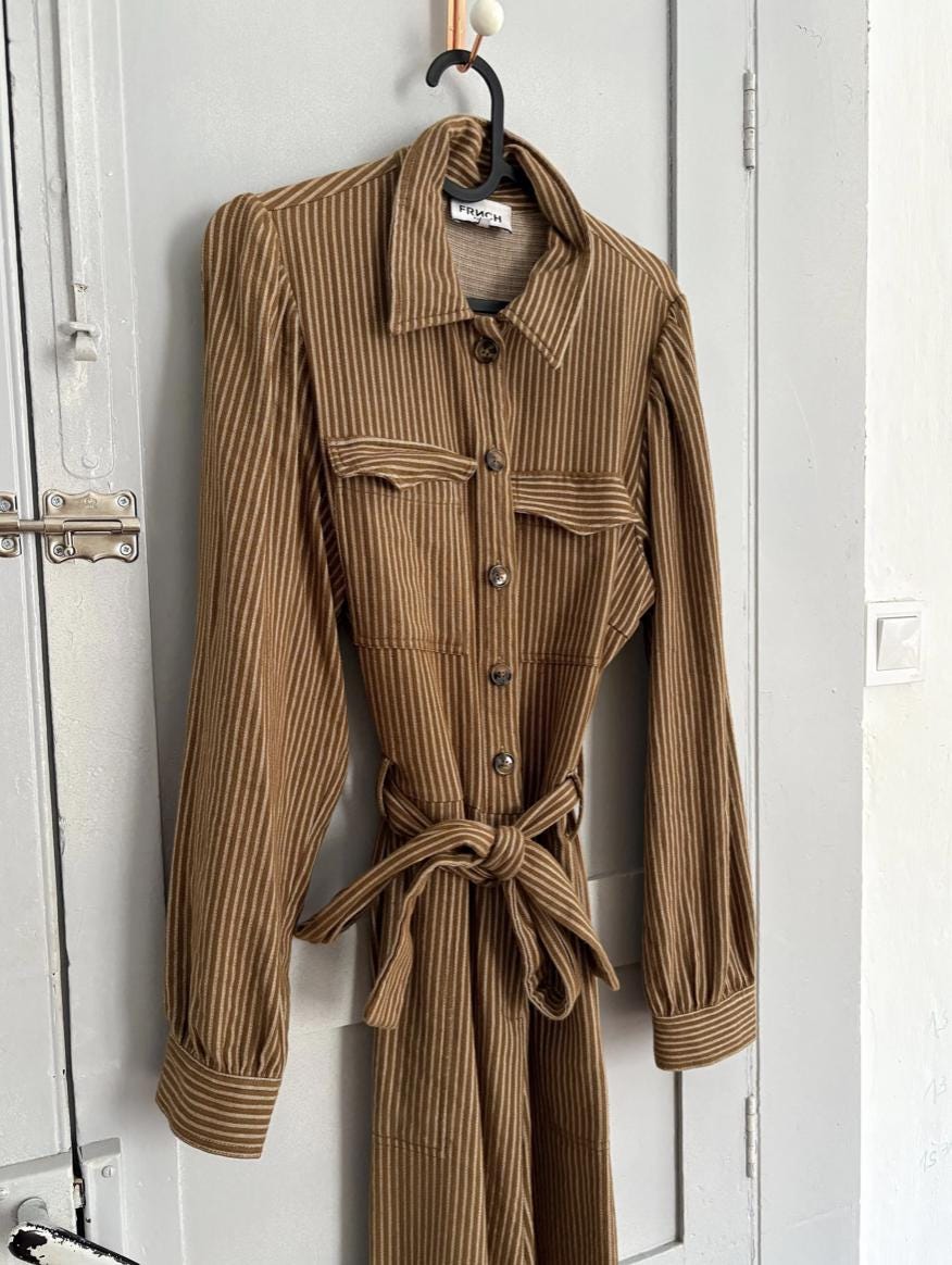 Vintage brown and white striped jumpsuit, Retro long pants work wear, Feminine strap waistline playsuit, Natural earthy woman wear