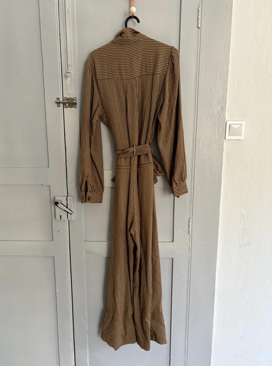 Vintage brown and white striped jumpsuit, Retro long pants work wear, Feminine strap waistline playsuit, Natural earthy woman wear