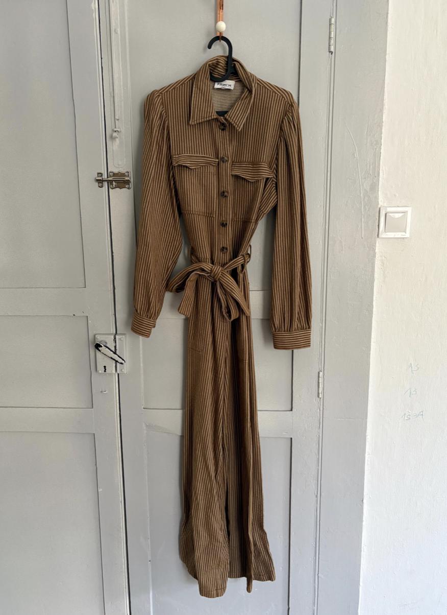 Vintage brown and white striped jumpsuit, Retro long pants work wear, Feminine strap waistline playsuit, Natural earthy woman wear