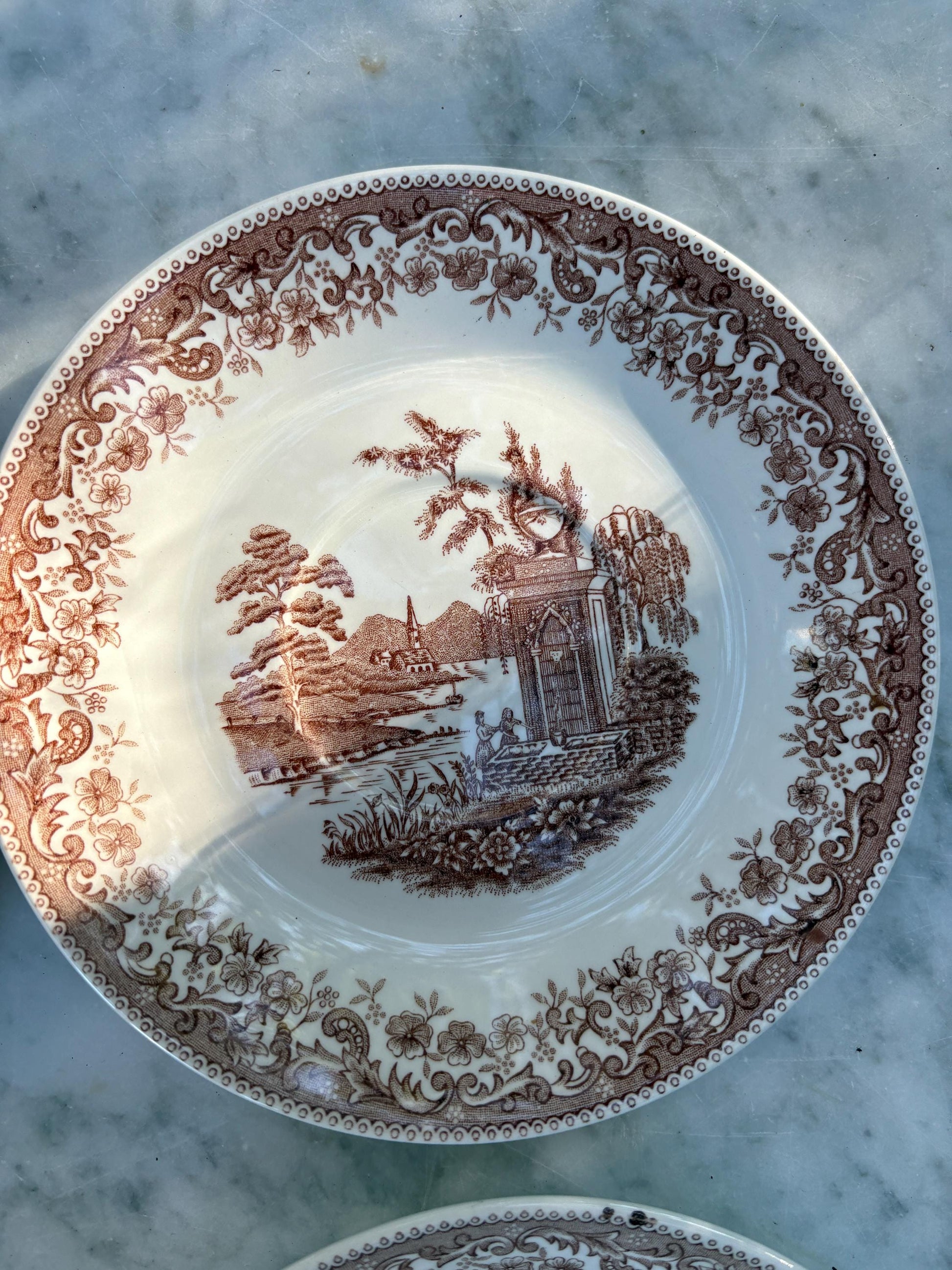 Set of 4 vintage hand engraved Old England saucers, Royal China Vigo small plates, Vintage Spanish brown and white small plates