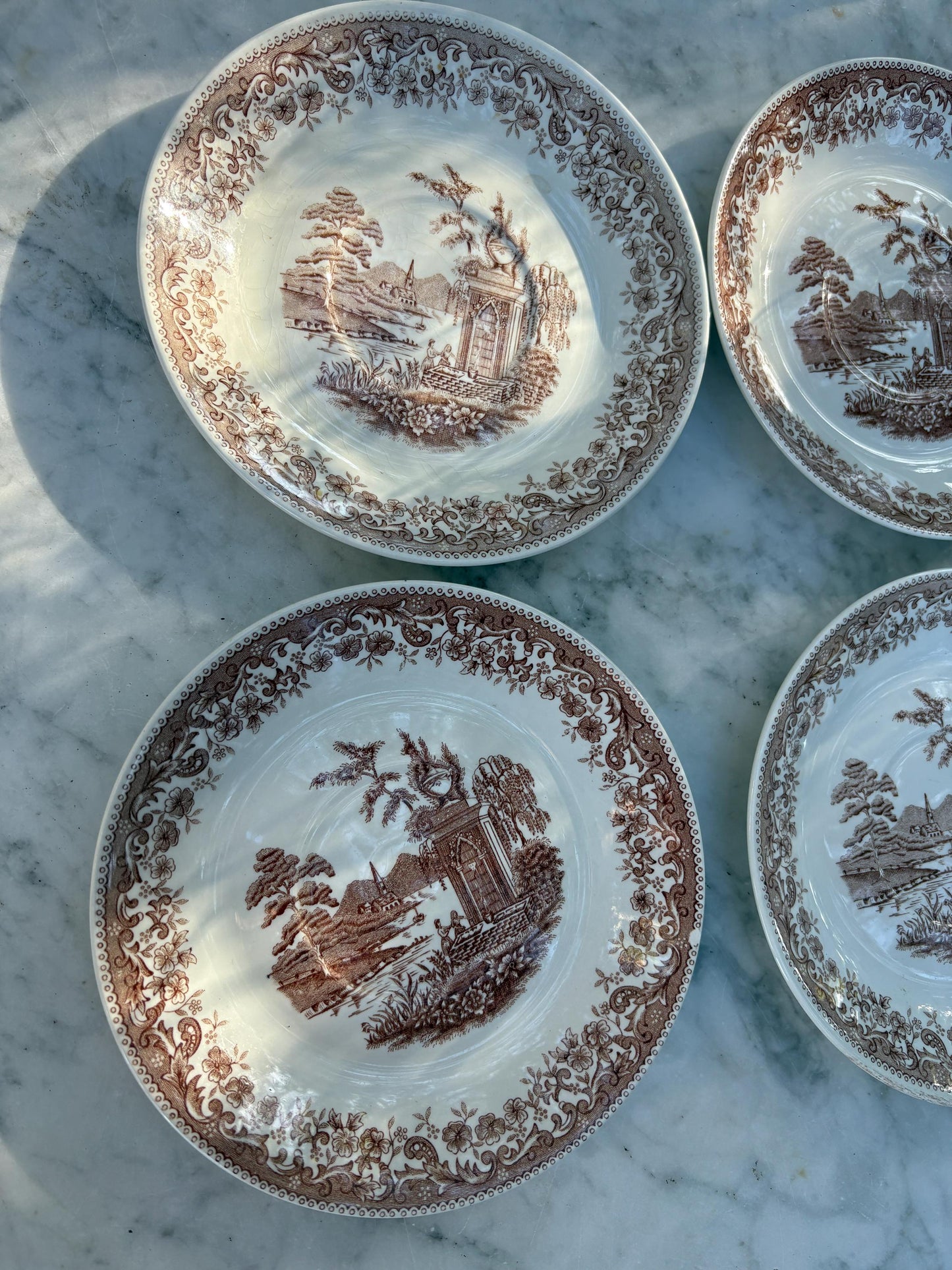 Set of 4 vintage hand engraved Old England saucers, Royal China Vigo small plates, Vintage Spanish brown and white small plates