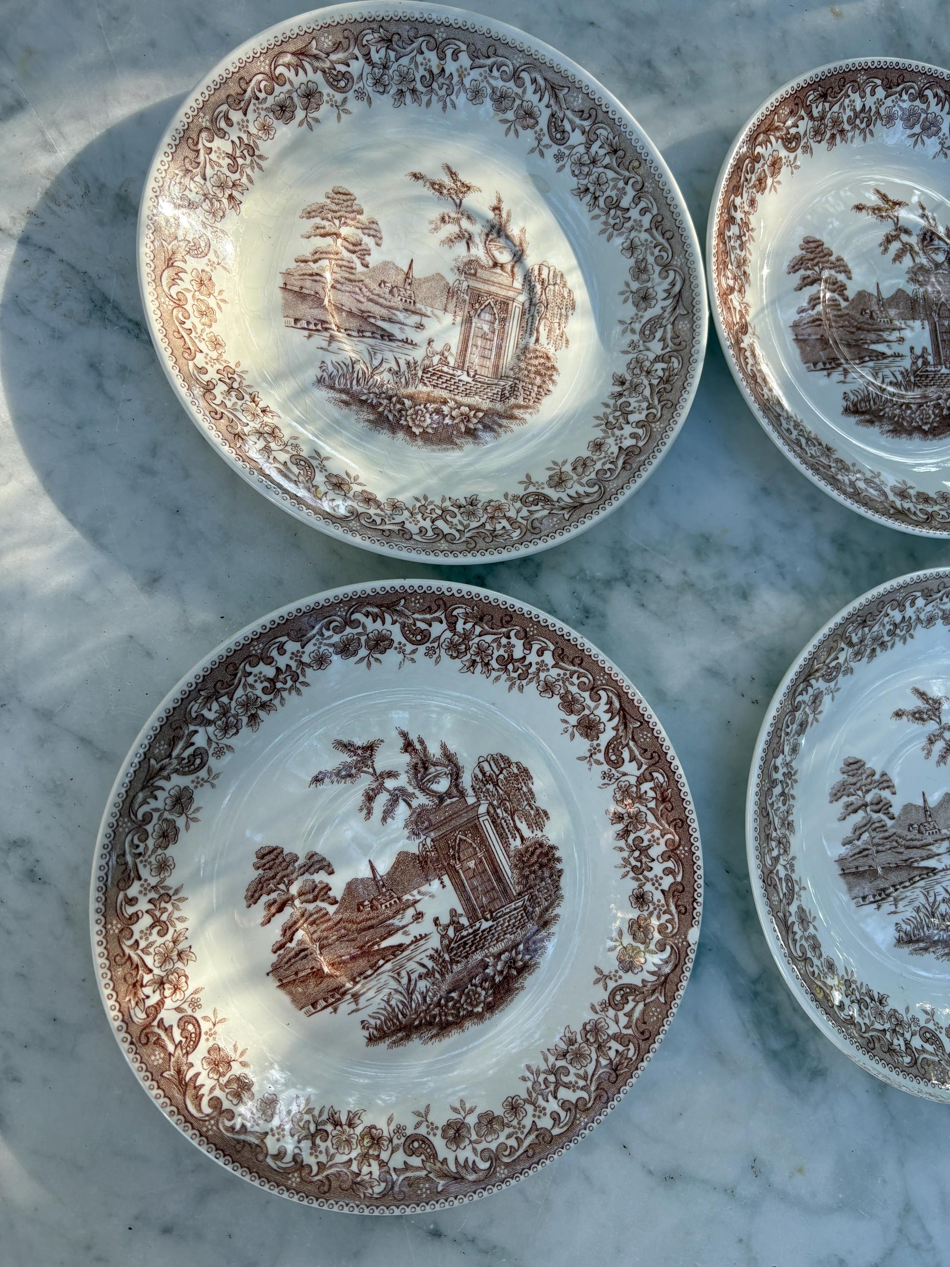 Set of 4 vintage hand engraved Old England saucers, Royal China Vigo small plates, Vintage Spanish brown and white small plates