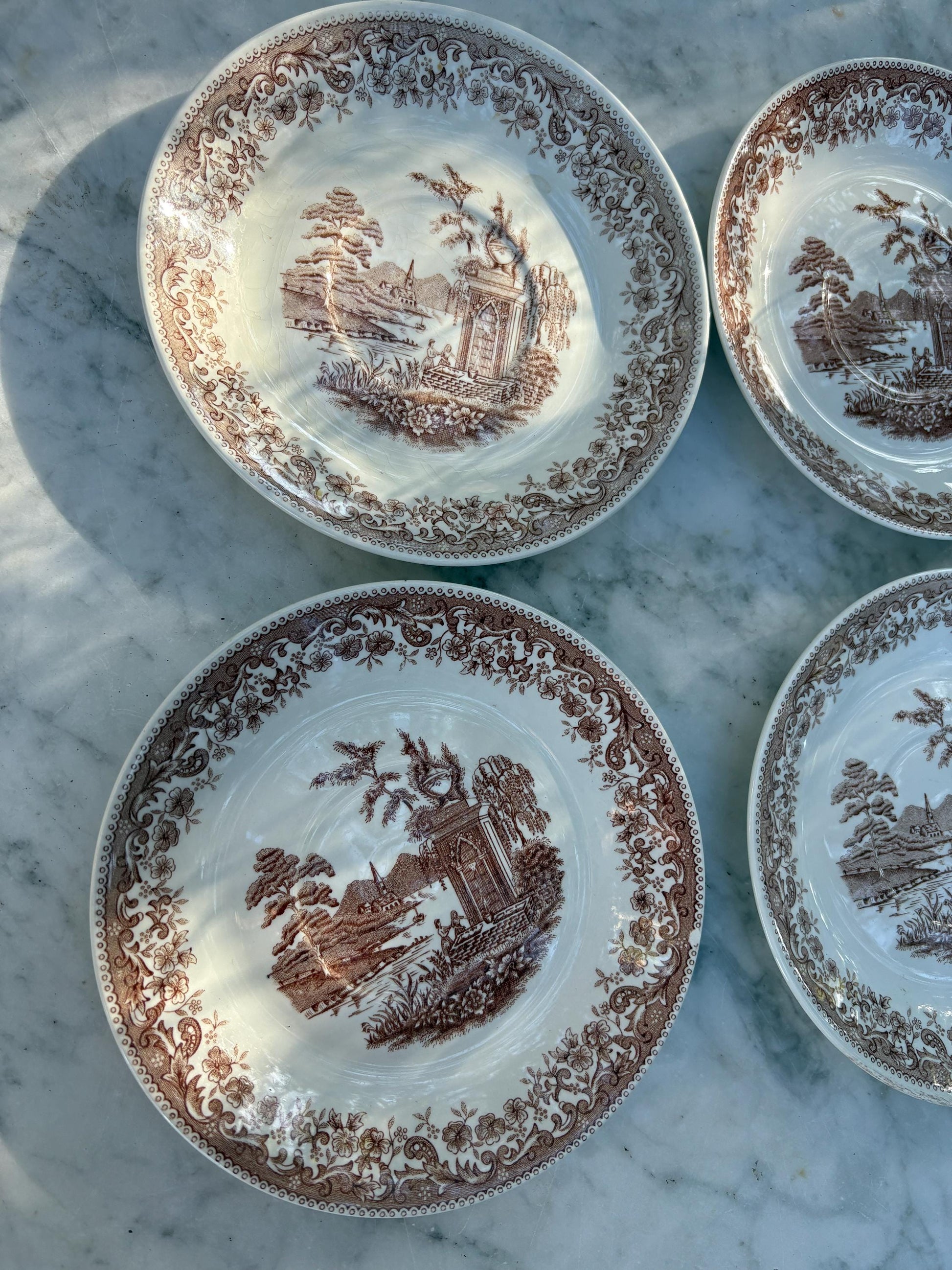 Set of 4 vintage hand engraved Old England saucers, Royal China Vigo small plates, Vintage Spanish brown and white small plates
