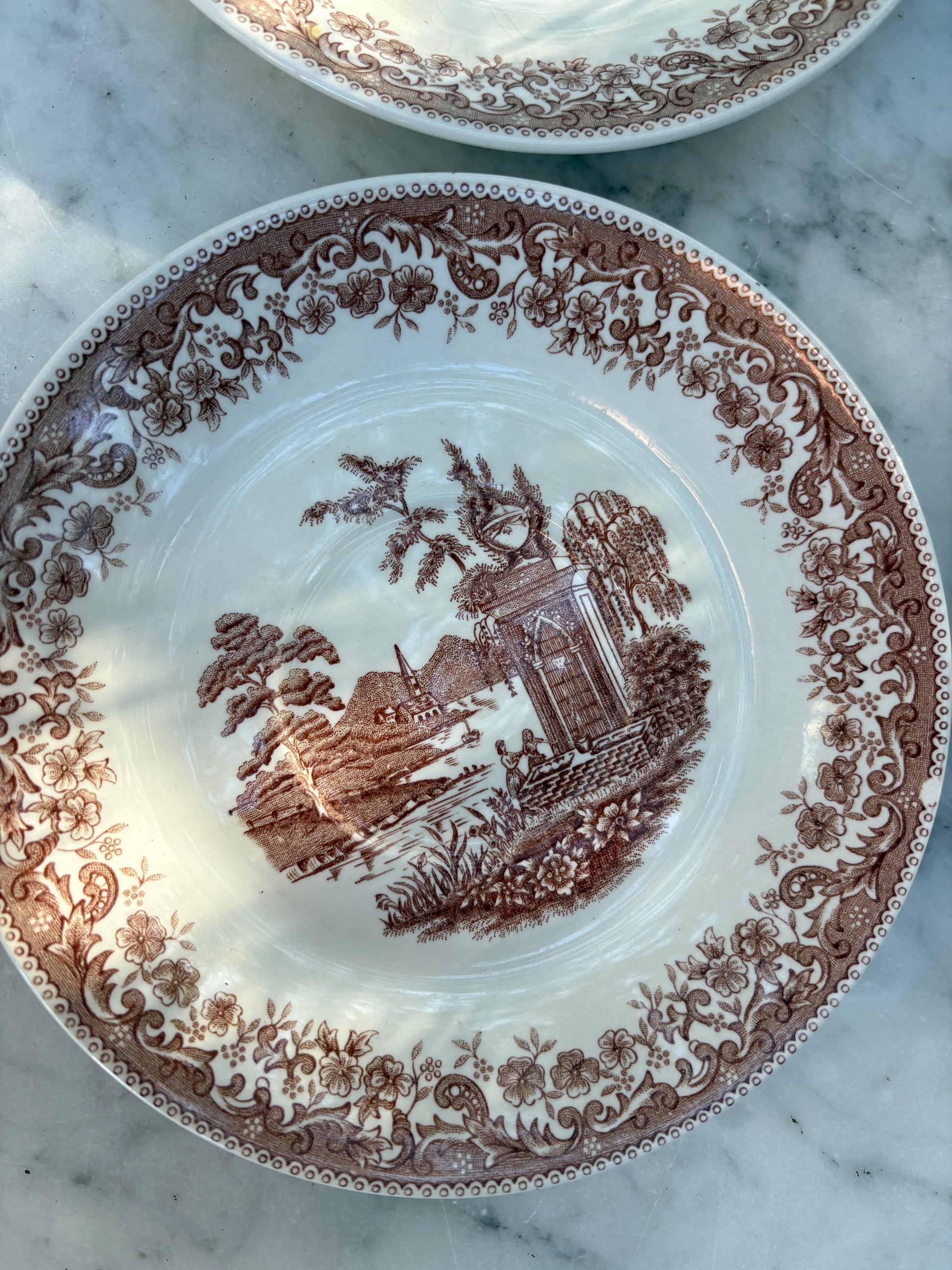Set of 4 vintage hand engraved Old England saucers, Royal China Vigo small plates, Vintage Spanish brown and white small plates