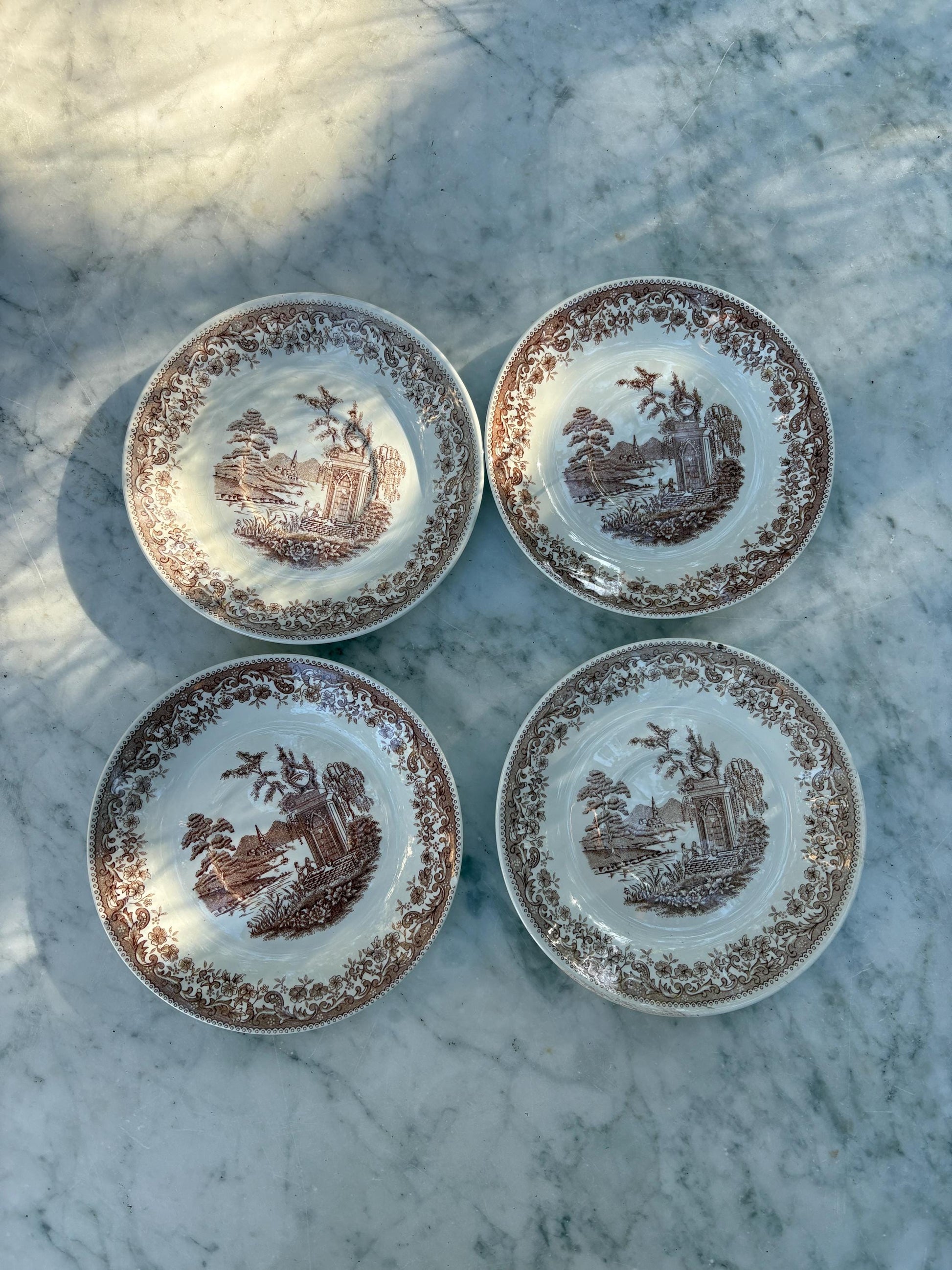 Set of 4 vintage hand engraved Old England saucers, Royal China Vigo small plates, Vintage Spanish brown and white small plates