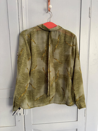 Vintage Green Bow Tie Blouse, 60s Retro Top