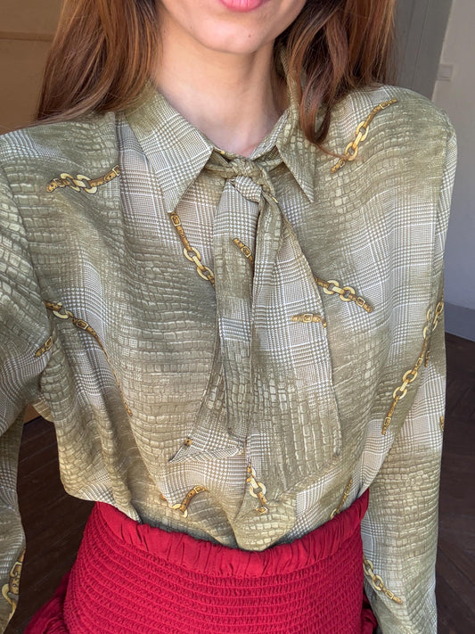Vintage unique green frill blouse, Retro 60s woman top, groovy bow tie shirt, Deadstock original vintage