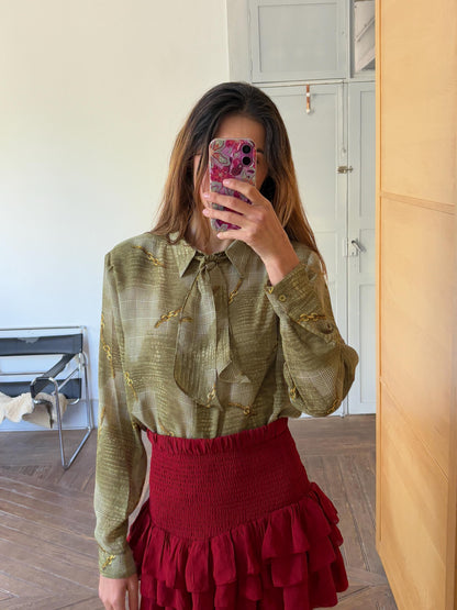 Vintage Green Bow Tie Blouse, 60s Retro Top