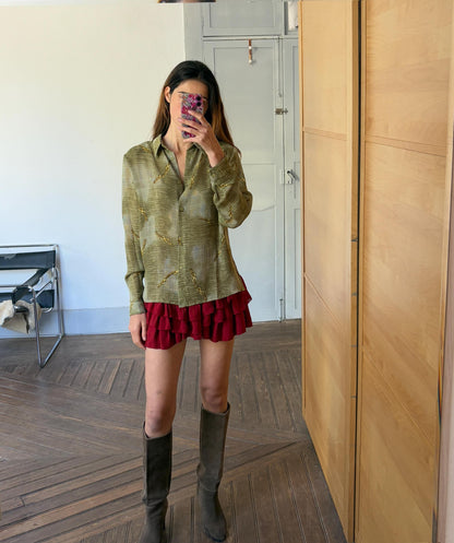 Vintage Green Bow Tie Blouse, 60s Retro Top