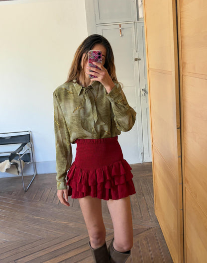 Vintage Green Bow Tie Blouse, 60s Retro Top
