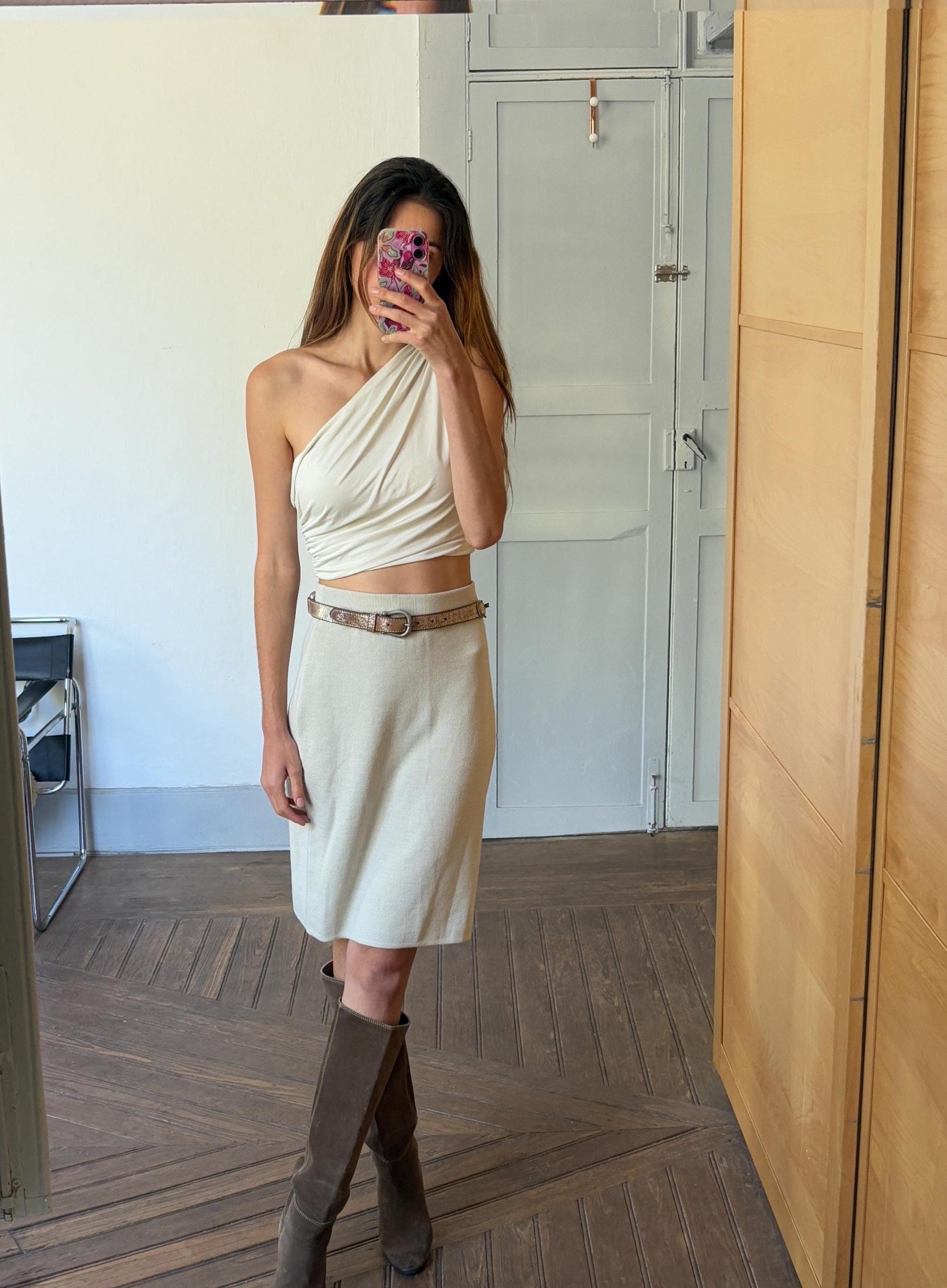 Luxury white merino wool blend knit skirt, Fine knit winter skirt, Bohemian 70s preppy and minimalist Aesthetic, M