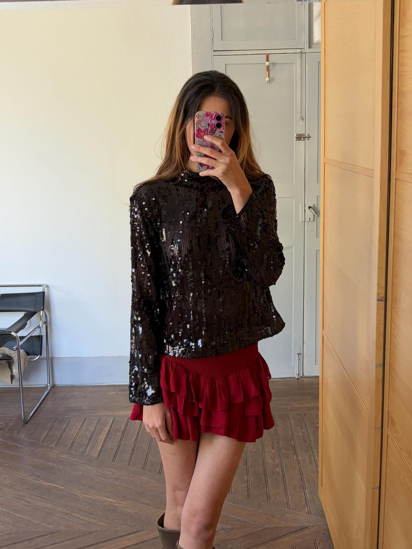 Black Sequin Top, Mock Neck Long Sleeve Party Shirt, Glitter Blouse, Festive Holiday Outfit